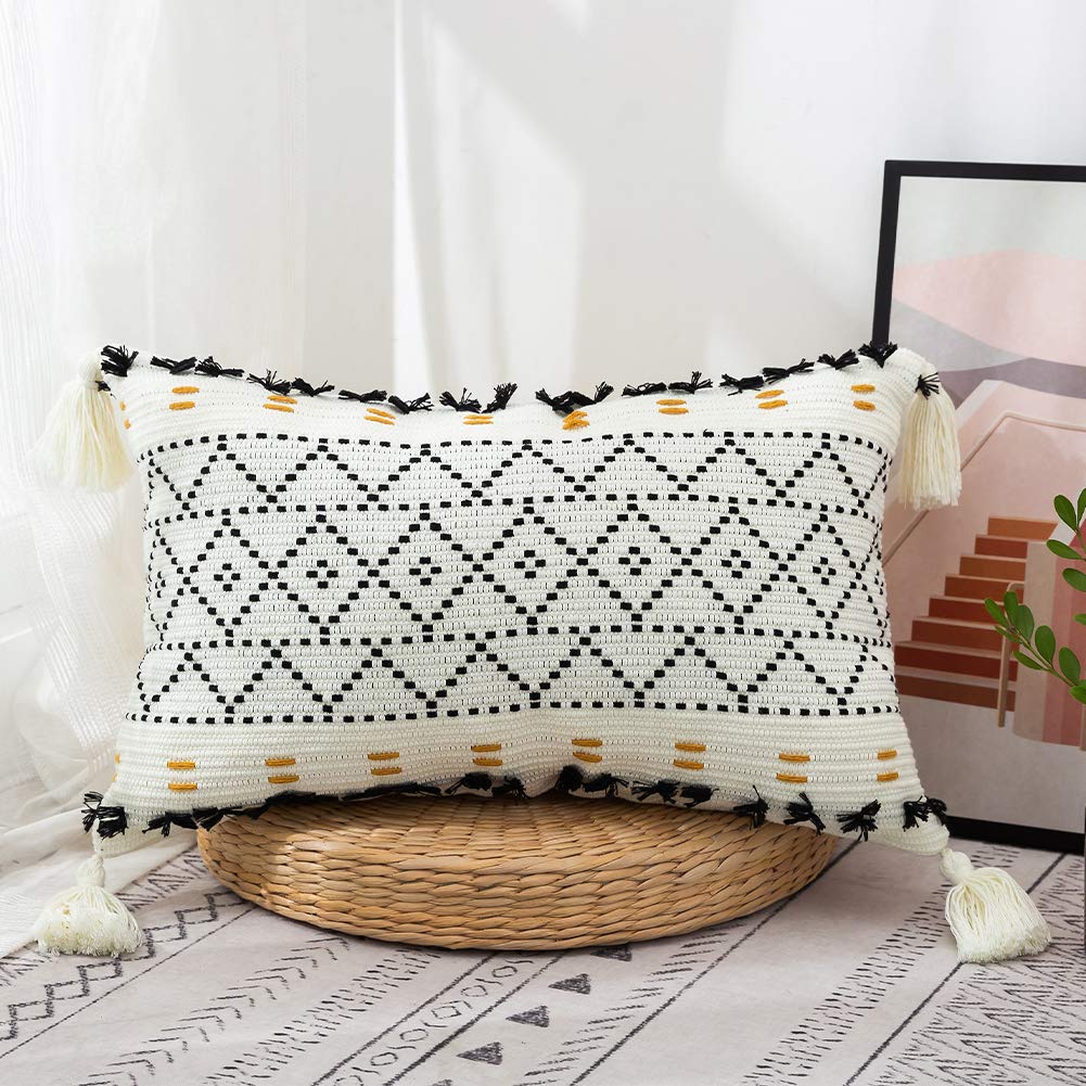 Blue Lumbar Decorative Throw Pillow Cover 12x20 Inch - Woven Tufted Boho Pillow Case with Tassels for Couch, Sofa, Bed & Living Room - Farmhouse Style Home Decor Accent (Black) | Perfect for Cozy Reading Nooks, Boho Chic Interiors & Farmhouse Decor