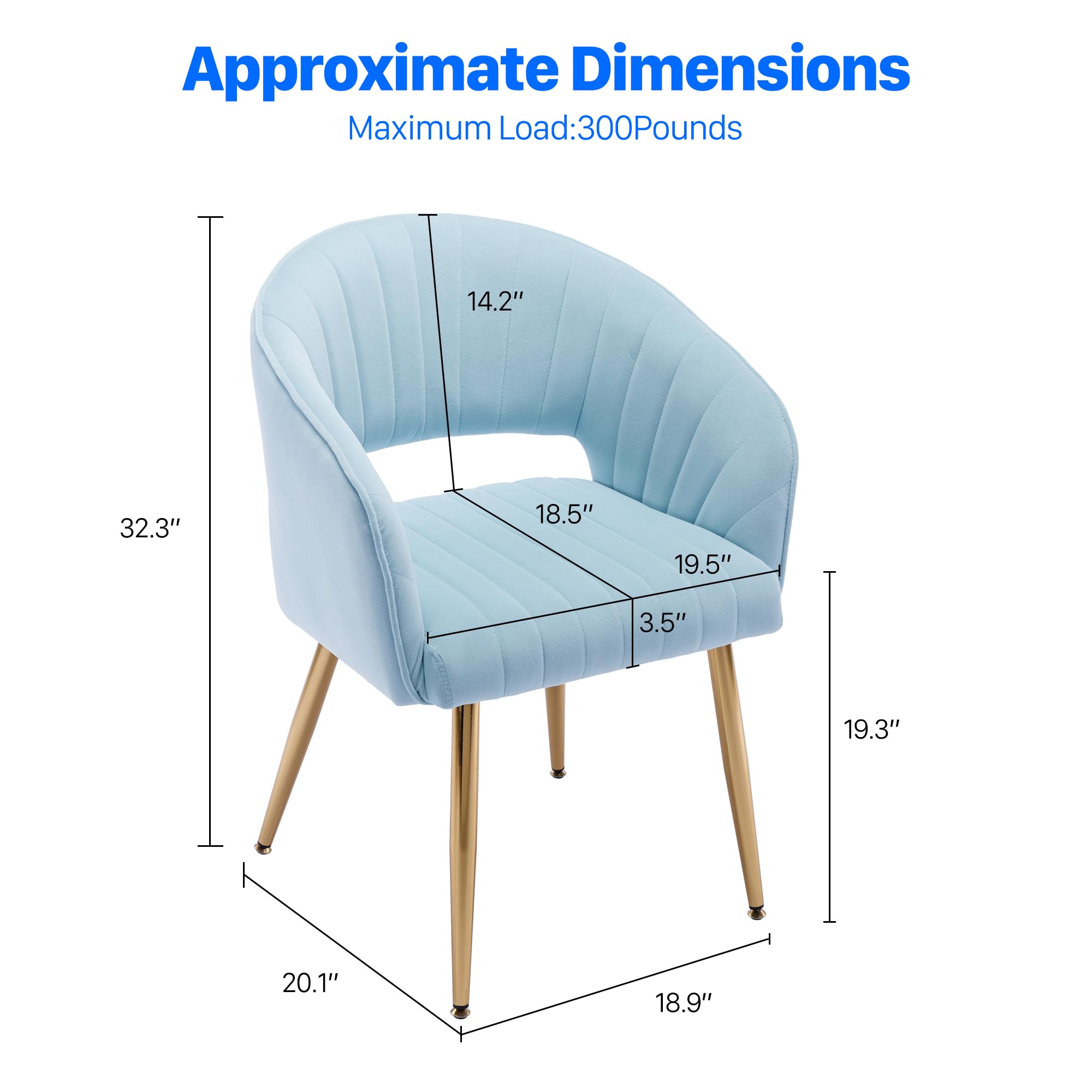 Velvet Tufted Desk Chair with Gold Legs - Ergonomic Home Office Chair for Women, Modern Upholstered Accent Armchair, Comfortable Study & Computer Task Stool - Perfect for Home Office, Living Room & Dorm (Blue)