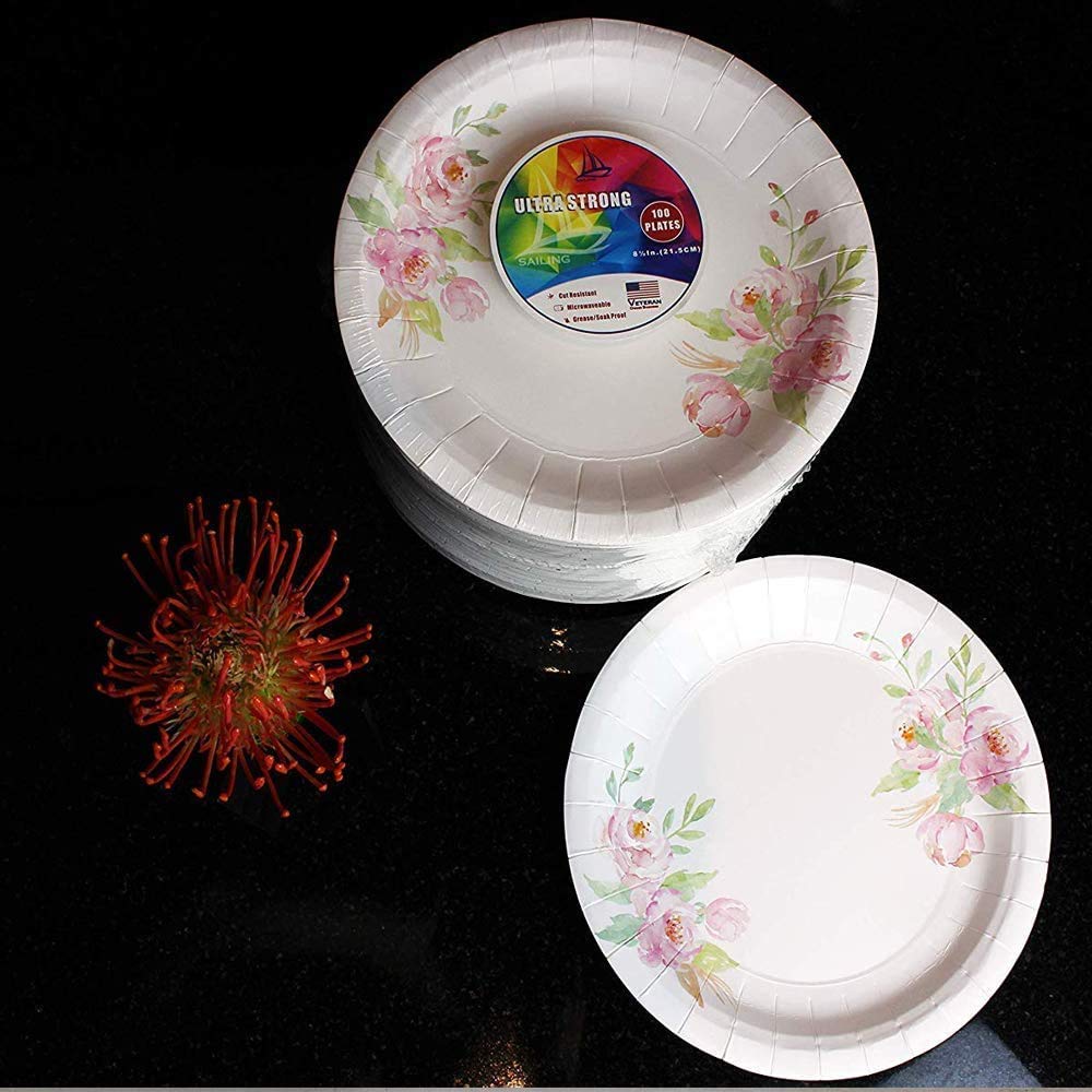 8.5 Inch Floral Disposable Paper Plates - Elegant Dinner & Dessert Plates for Parties (100 Pack) | Perfect for Bridal Showers, Baby Showers, Weddings, Anniversaries, Birthdays & Holiday Celebrations