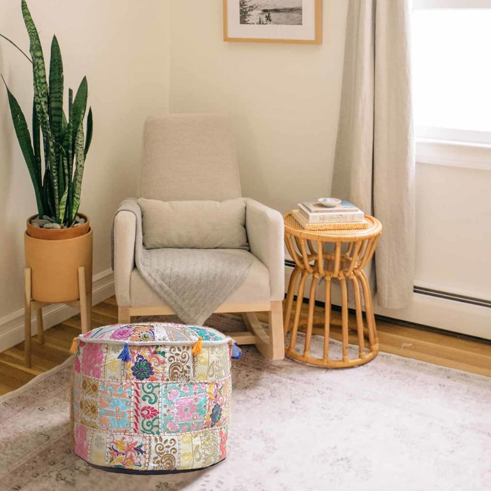 Agro Richer Boho Pouf Cover - 100% Cotton Khamadiya Indian Vintage Ottoman & Floor Cushion Cover - 22x14x22 Inches Beige Home Decor for Bohemian Living Room, Bedroom & Yoga Space