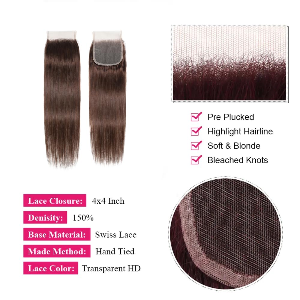 100% Unprocessed Brazilian Virgin Human Hair Bundles - 9A Grade Brown Hair Extensions for Sew-In Weave (18, 20, 22 +16 Inches) | Natural Looking Hair Replacement for Daily Styling & Special Occasions