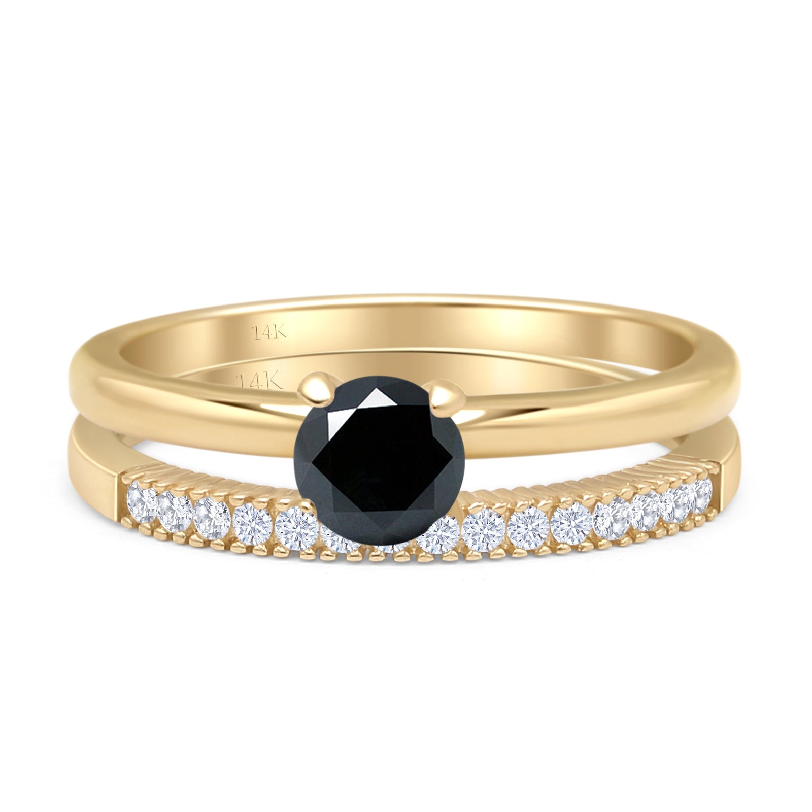 14K Yellow Gold Two Piece Round Solitaire Half Eternity Band Black CZ Bridal Ring Set - Elegant Wedding, Engagement & Anniversary Jewelry Gift for Her