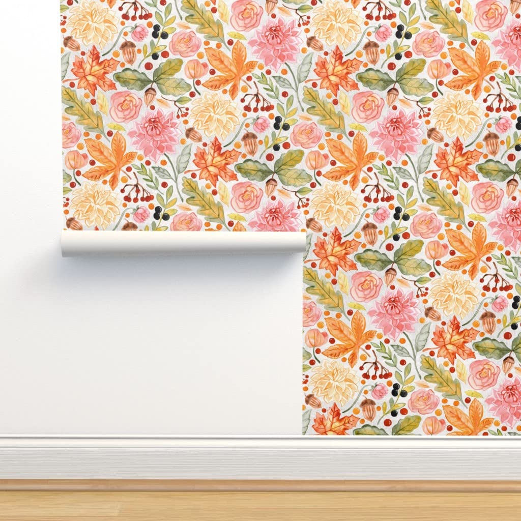 Peel & Stick Wallpaper 12ft x 2ft - Autumn Garden Watercolor Leaves in Orange, Green & Yellow | Removable Custom Wallpaper by Spoonflower | Perfect for Bedroom, Living Room & Home Decor