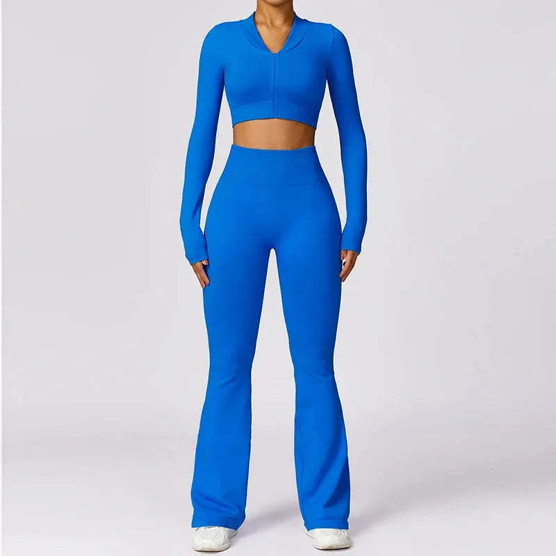 2 Pcs Women's Workout Set - Flared Yoga Pants & Long Sleeve Top - Quick Dry Gym Clothes for Women - Perfect for Yoga, Pilates & Fitness Training