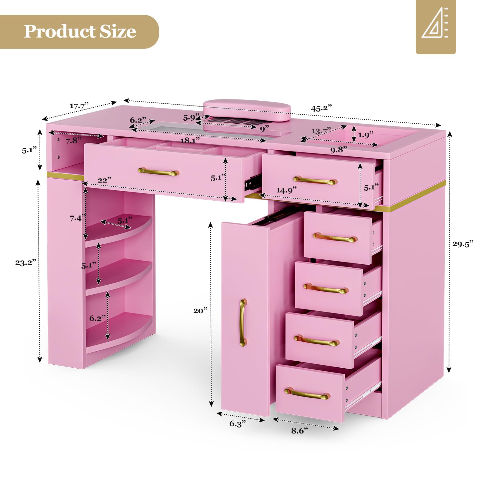 Premium Nail Salon Table with Electric Downdraft Ventilation - Paddie Glass Top Manicure Station with 3-Tier Open Shelves, Golden Handles & Drawers, Arm Rest - Perfect for Professional Nail Technicians & Home Beauty Salons (Pink)