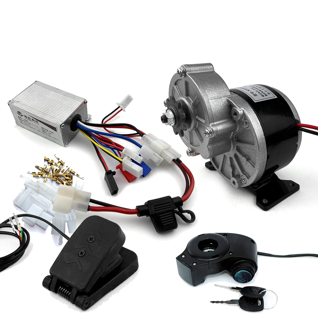 250W Brush Gear Bike Motor Kit - 24V Electric Brush Controller with Foot Pedal Accelerator & Key Switch Voltmeter | Perfect for DIY E-Bike Conversion, Commuting & Outdoor Cycling