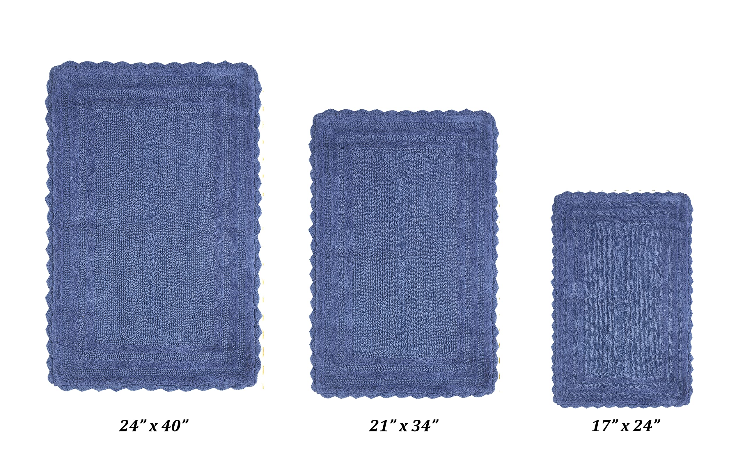 Better Trends 3-Piece Bathroom Rug Set - 100% Cotton, Machine Washable, Reversible & Absorbent Bath Mats with Blue Crochet Design (Lilly Collection) - Perfect for Bathroom Floor, Tub, and Shower Areas
