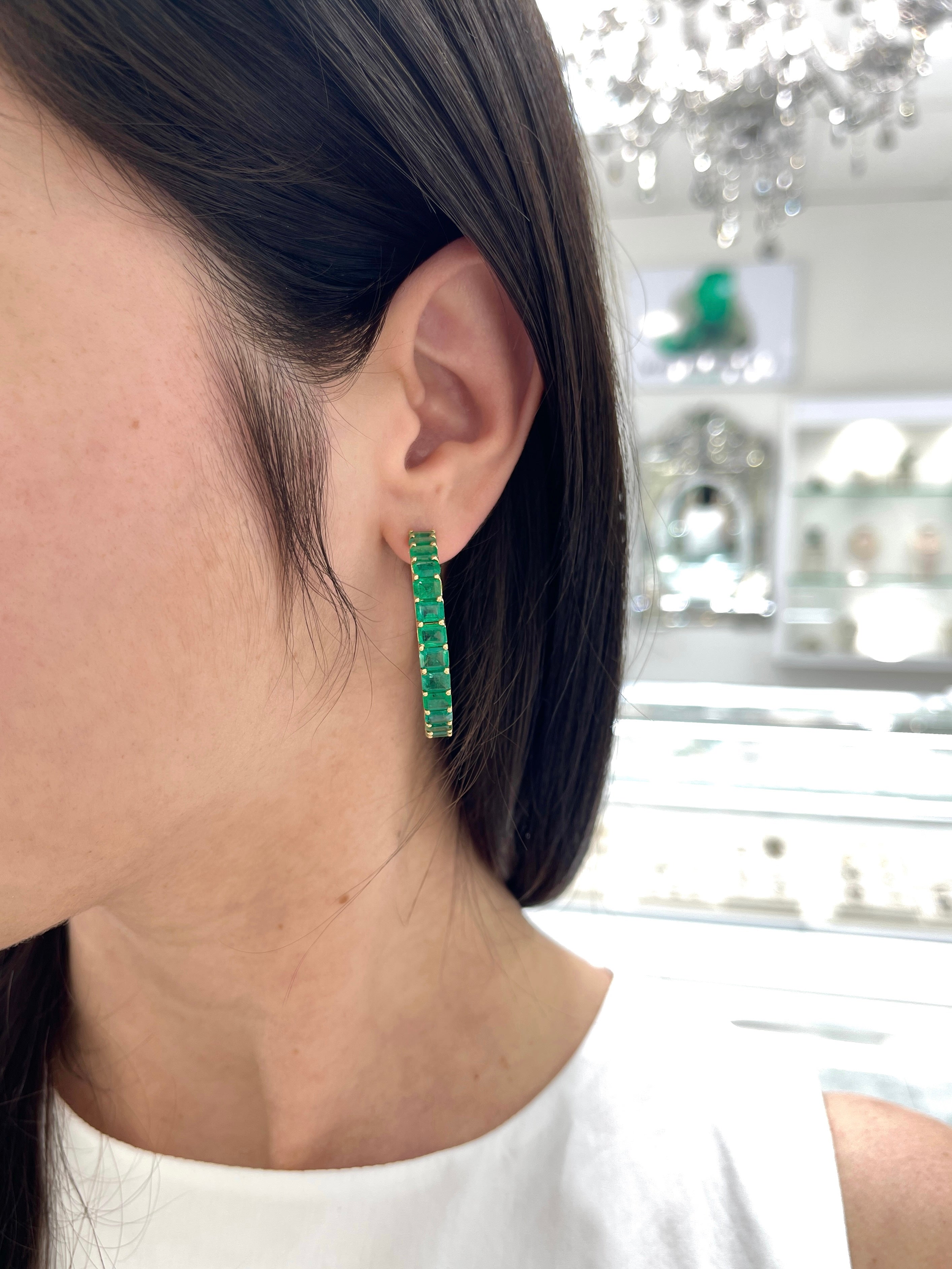 20.69ct Natural Grand Emerald East-West Hoop Earrings for Women - Elegant Statement Jewelry for Parties, Weddings & Special Occasions