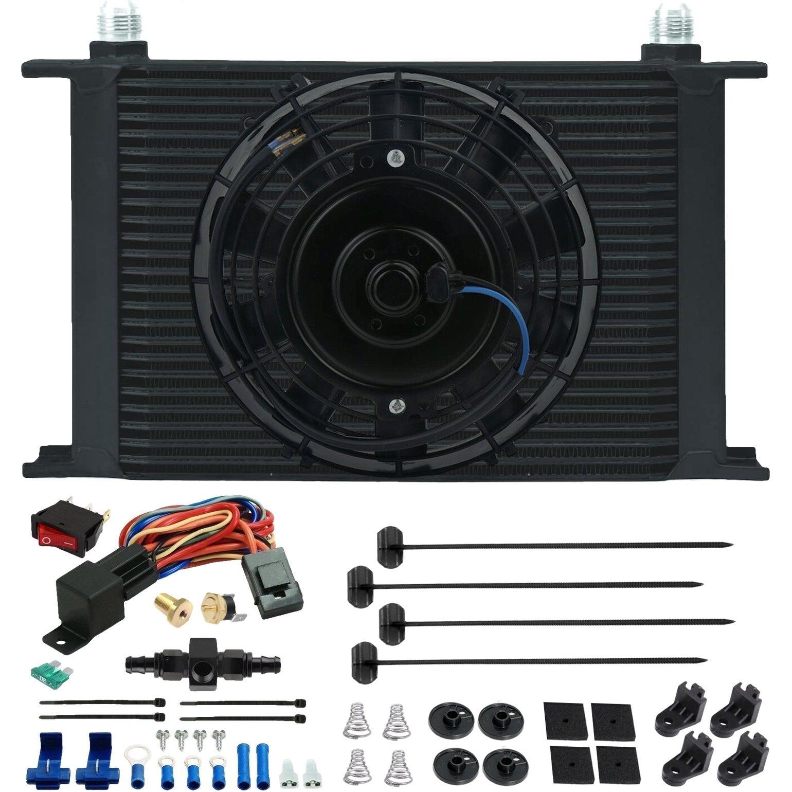 25 Row Transmission Oil Cooler with Electric Fan - 6AN & 10AN Hose Fittings & Thermostat Switch - Perfect for High-Performance Vehicles & Towing Applications
