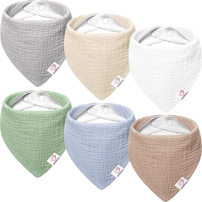 Bearmoss 100% Cotton Muslin Baby Bibs 6-Pack - Soft Absorbent Drool Bibs for Newborns, Infants & Toddlers - Unisex Bandana Bibs for Boys & Girls - Perfect for Teething, Feeding & Everyday Use