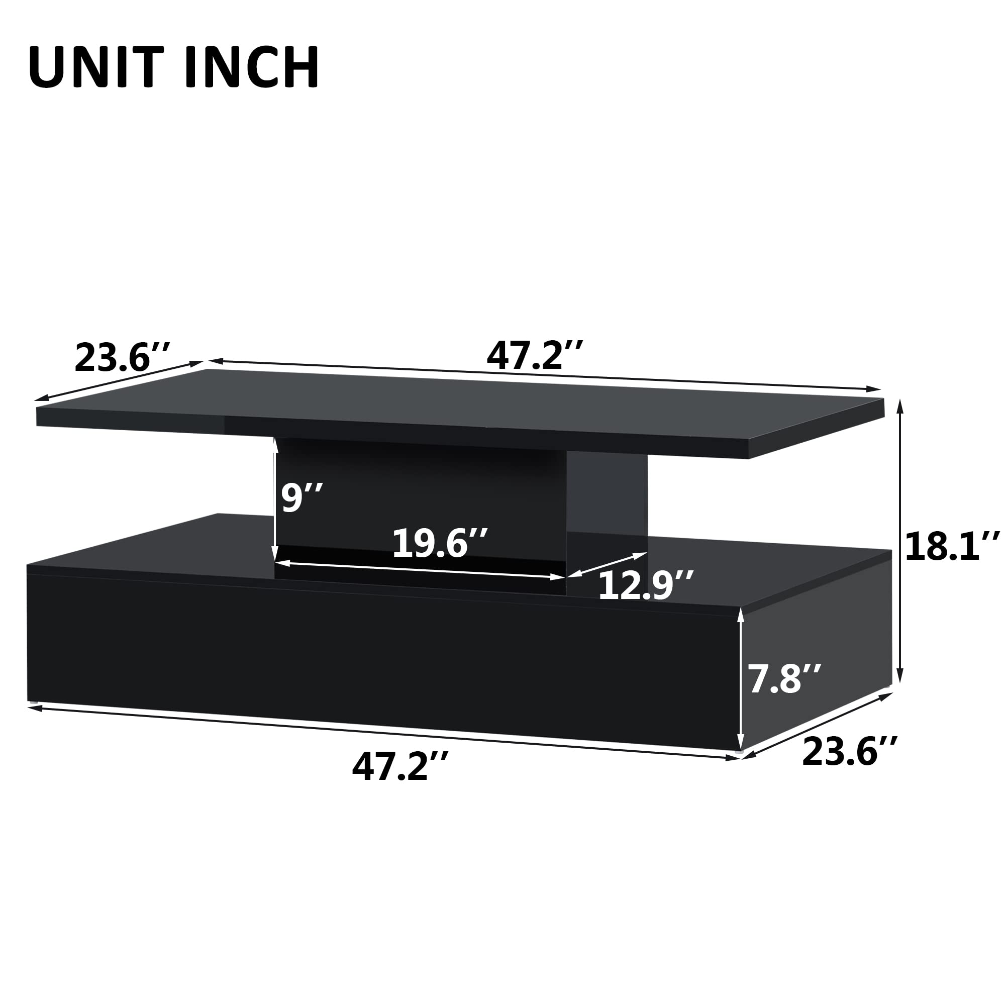 Modern LED Coffee Table with 2-Tier Storage - High Gloss Rectangle Cocktail End Table for Living Room, Home Office & Lounge - Black (Perfect for Small Spaces & Entertaining Guests)