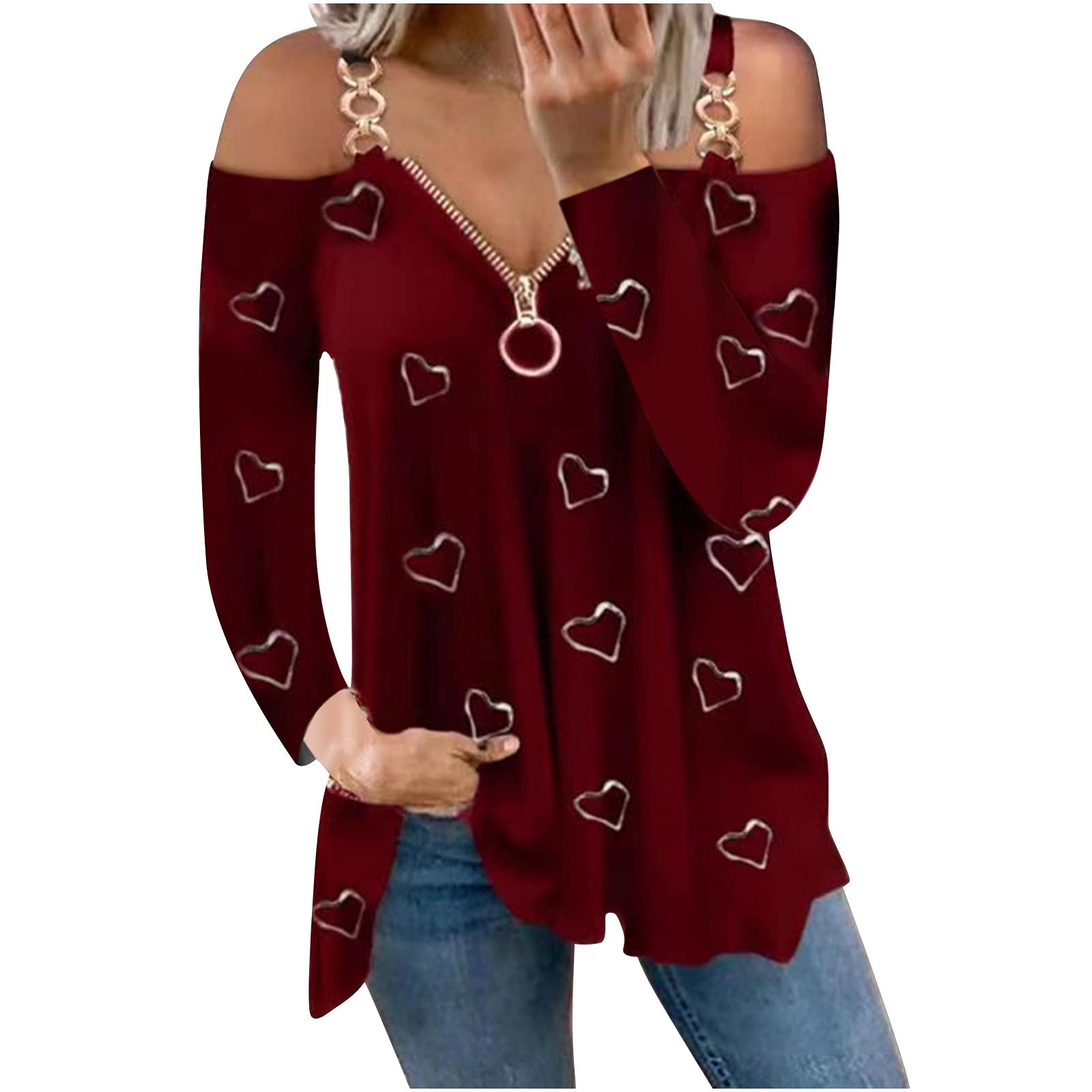Women's Cold Shoulder V-Neck Summer Tops - Long Sleeve Loose Blouses with Zipper Detail | Perfect for Casual Outings, Date Nights & Summer Fashion