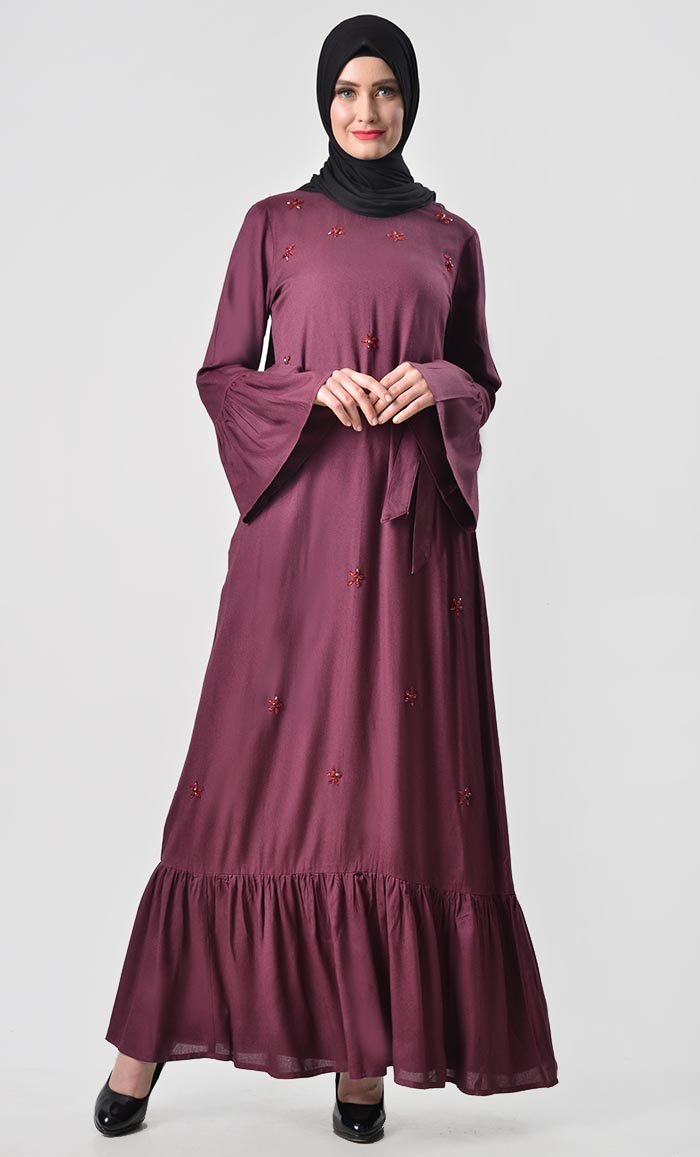 Elegant Embroidered Rayon Abaya Dress in Wine Red - Modest Islamic Clothing for Women - Perfect for Prayer, Eid, and Special Occasions