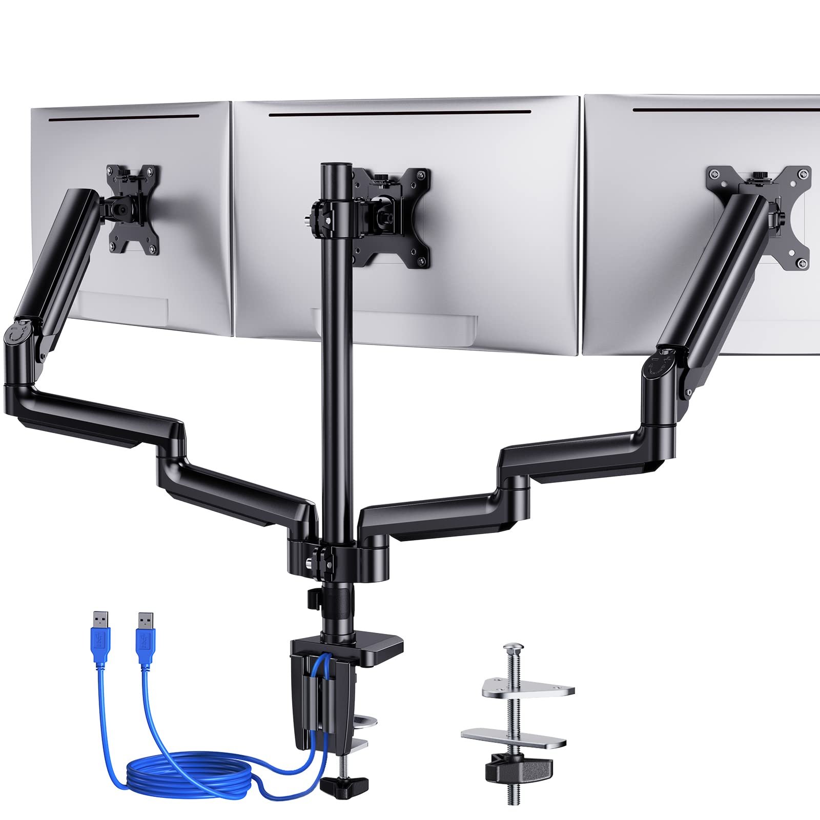 ErGear Triple Monitor Mount Stand for Desk - Adjustable Gas Spring Monitor Arm Holds 3 Screens 13-27 inches, Flat/Curved LCD, Max 17.6lbs - Perfect for Home Office, Gaming Setup & Workstation (Clamp Included)
