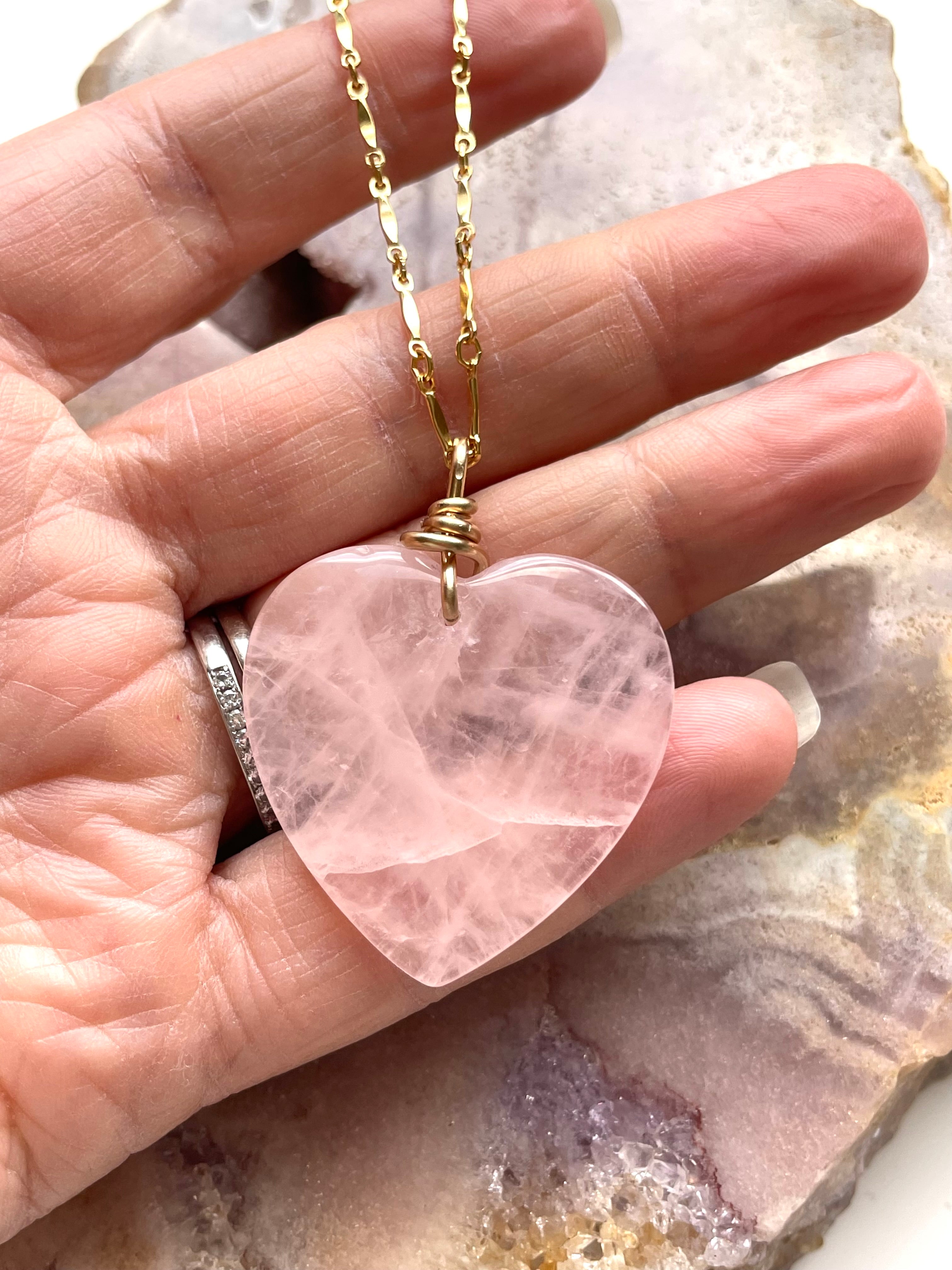 Large Rose Quartz Heart Necklace - 14K Gold Filled Pendant for Women | Spiritual Healing, Love & Positive Energy Jewelry Gift for Valentine's Day, Anniversary or Self-Care