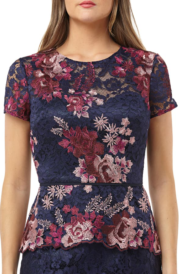 JS Collections Women's Lace Peplum Dress - Navy & Fuchsia Floral Print, Elegant Party Wear for Weddings, Cocktails & Special Occasions