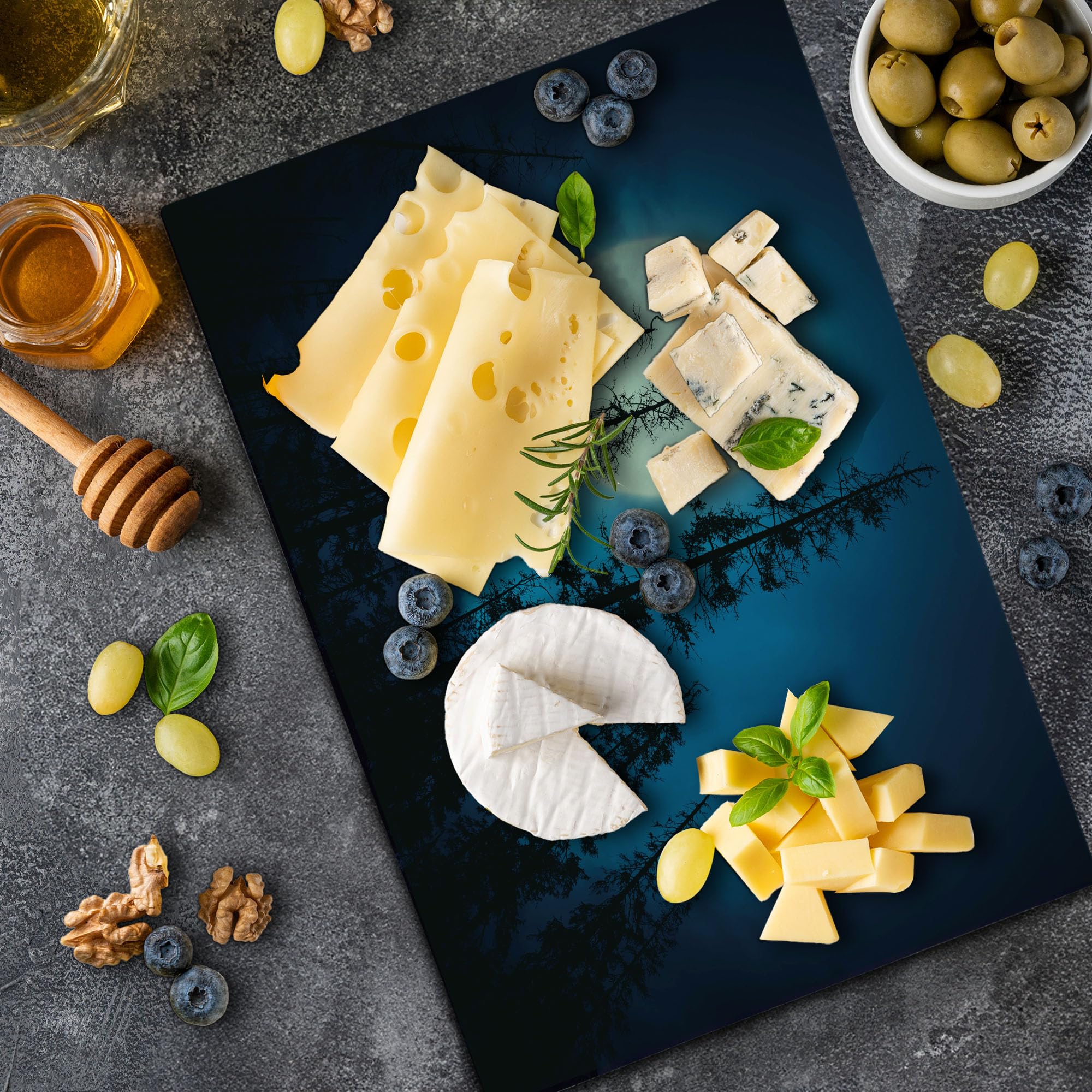 Ambesonne Dark Blue Tempered Glass Cutting Board - Spooky Mysterious Forest with Tall Trees & Full Moon Design - Large Decorative Serving Board for Kitchen & Dining - Perfect for Halloween Parties, Gifts & Home Decor