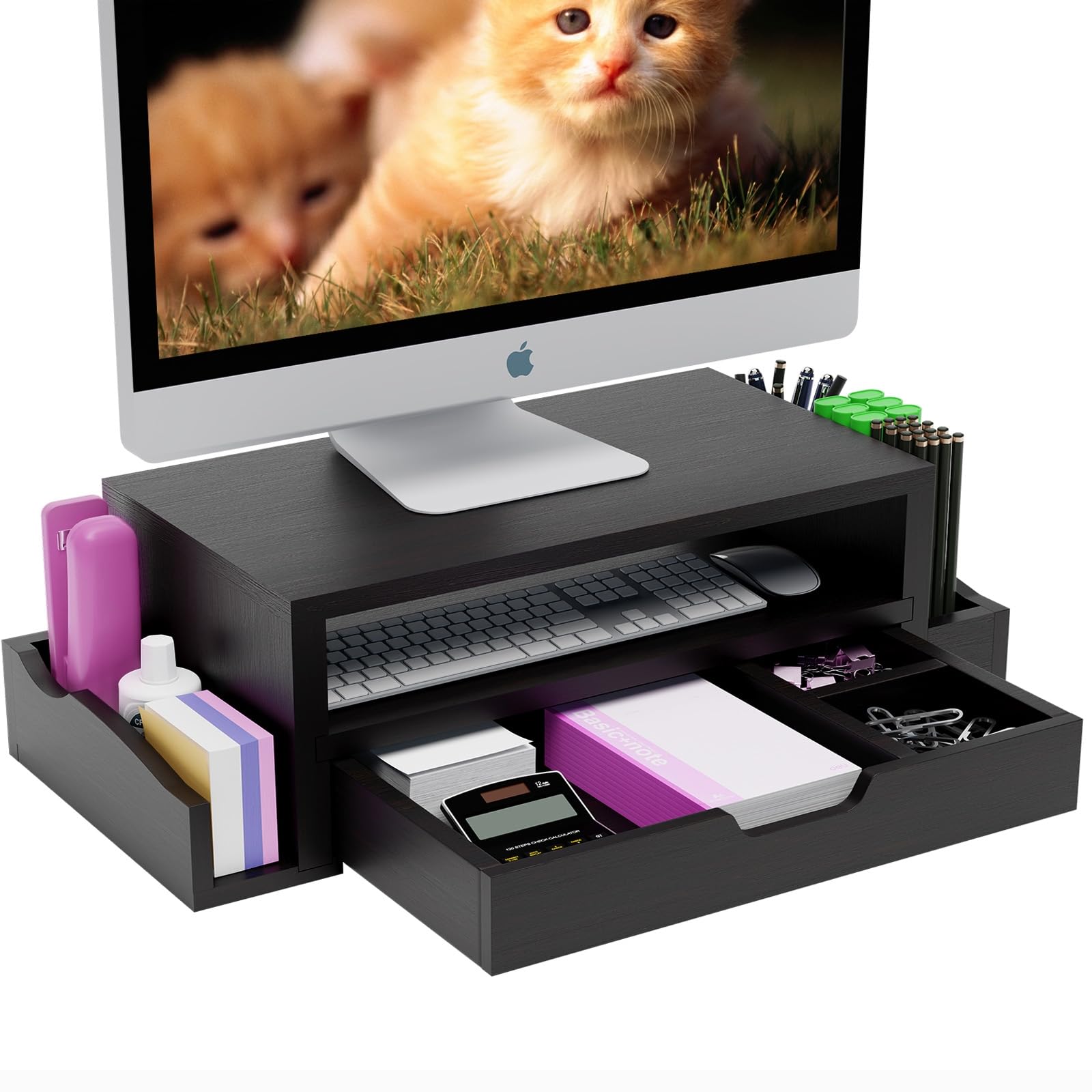 Premium Wooden Monitor Stand Riser with Storage Drawer & Pen Holder - Ergonomic Laptop/Desktop Organizer for iMac, PC, MacBook (Black) - Perfect for Home Office, Gaming Setup & Workspace Organization