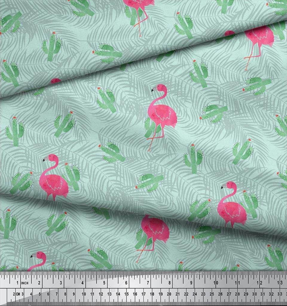 Soimoi Moss Georgette Green Fabric by The Yard - 42 Inch Wide Printed Fabric with Cactus & Flamingo Leaves Design - Exotic Textile for Dresses, Curtains, and DIY Fashion Projects