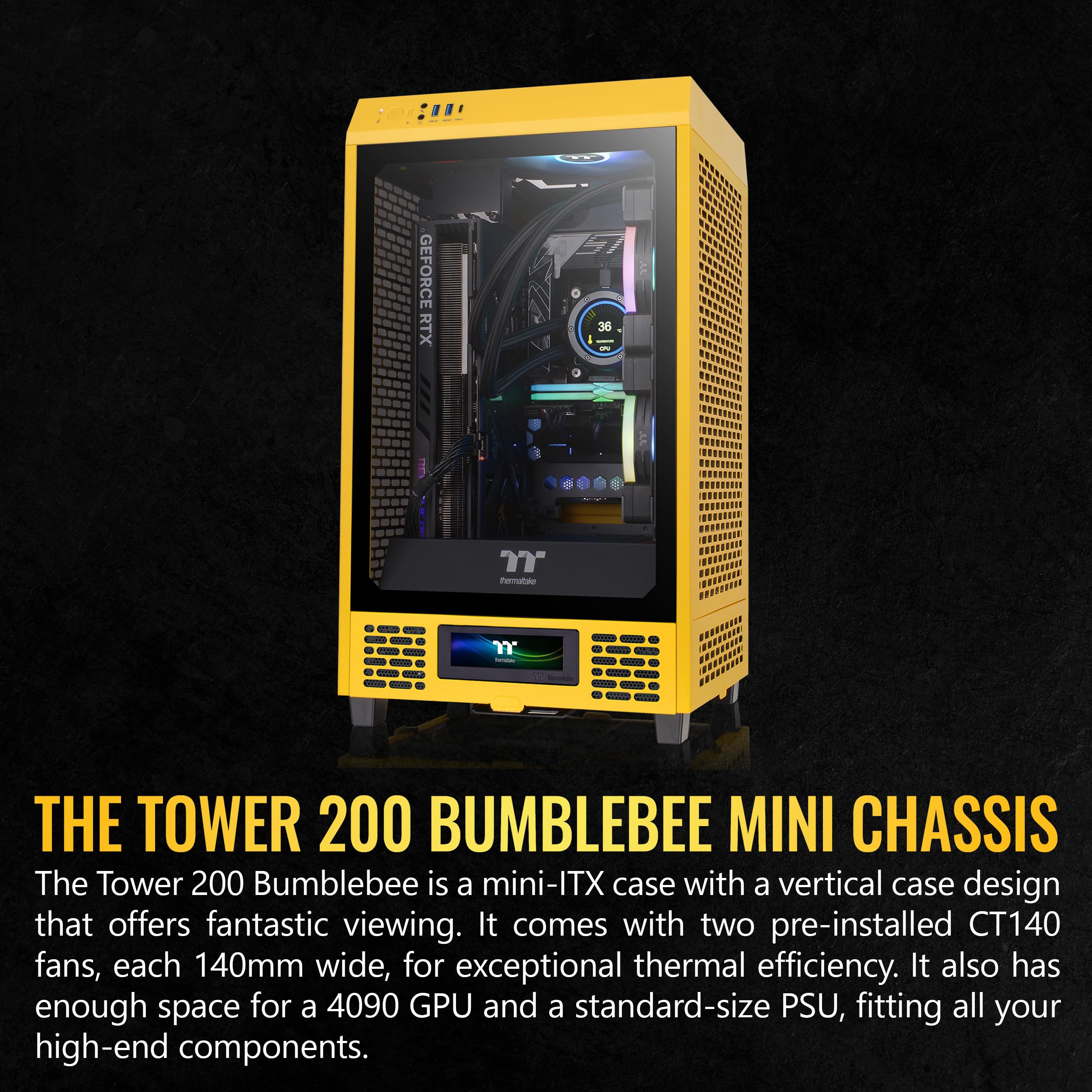 Thermaltake Tower 200 Mini-ITX PC Case - Compact Gaming Computer Case with 2x140mm Pre-Installed CT140 Fans, Supports GPU Up to 380mm (Bumblebee Yellow) - Perfect for Small Form Factor Builds, Home Office & Gaming Setups
