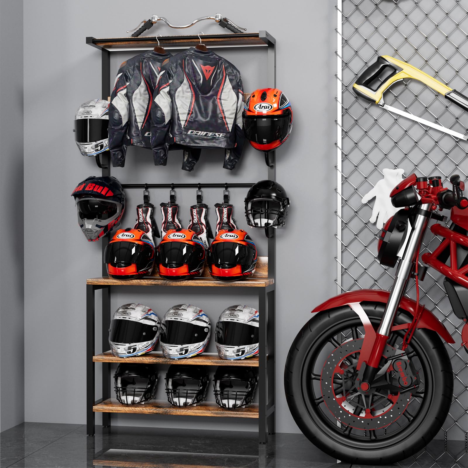 Motorcycle Helmet Holder - Floor & Wall Mounted Stand with Helmet Rack, 4 Glove Chips & 4 Hooks - Rustic Design for Most Helmets - Perfect for Garage, Shed, or Workshop Organization
