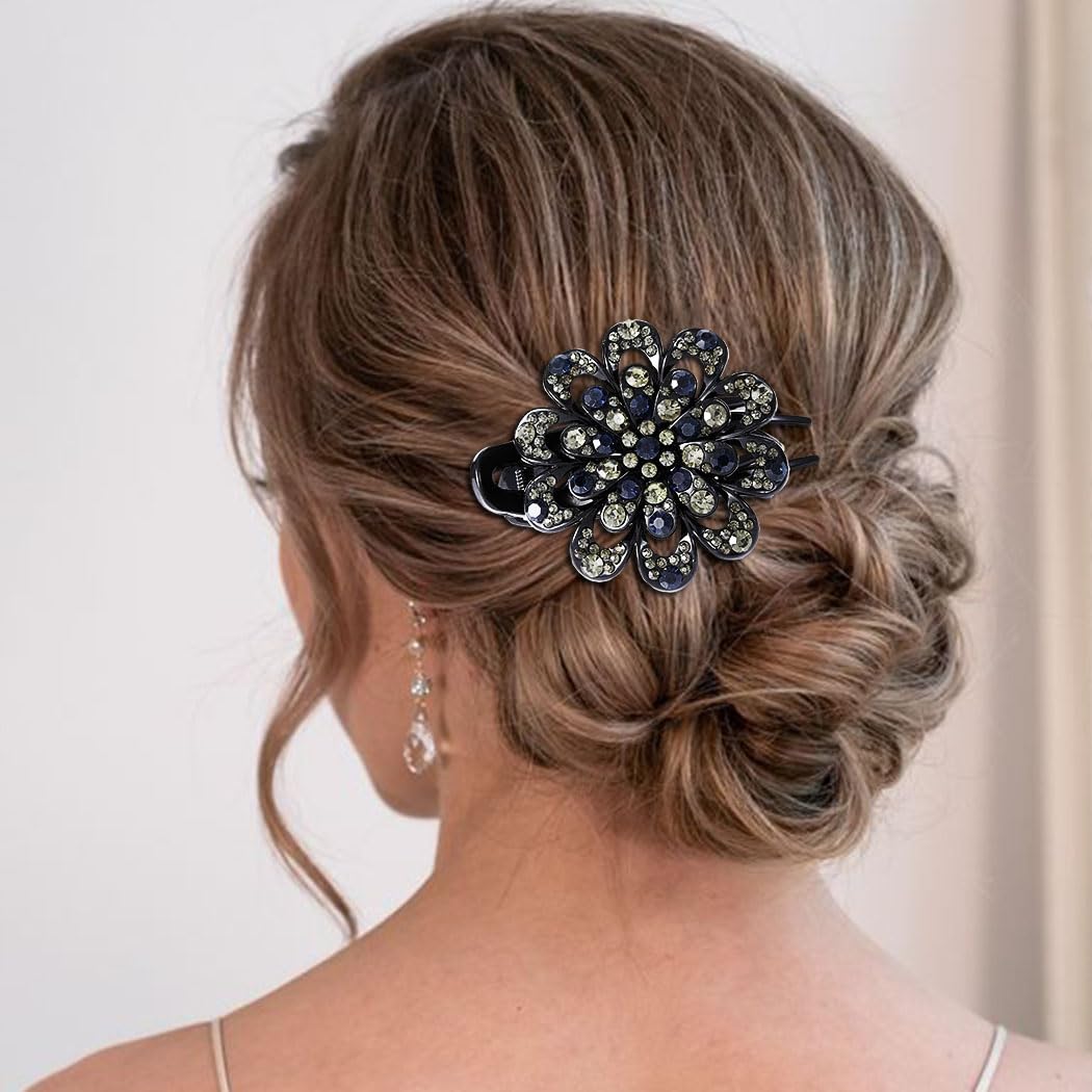 Bartosi Rhinestone Hair Clips for Women - Crystal Hair Barrettes, Flower Hair Pins - Elegant Hair Accessories (Pack of 2) - Perfect for Weddings, Parties & Daily Styling