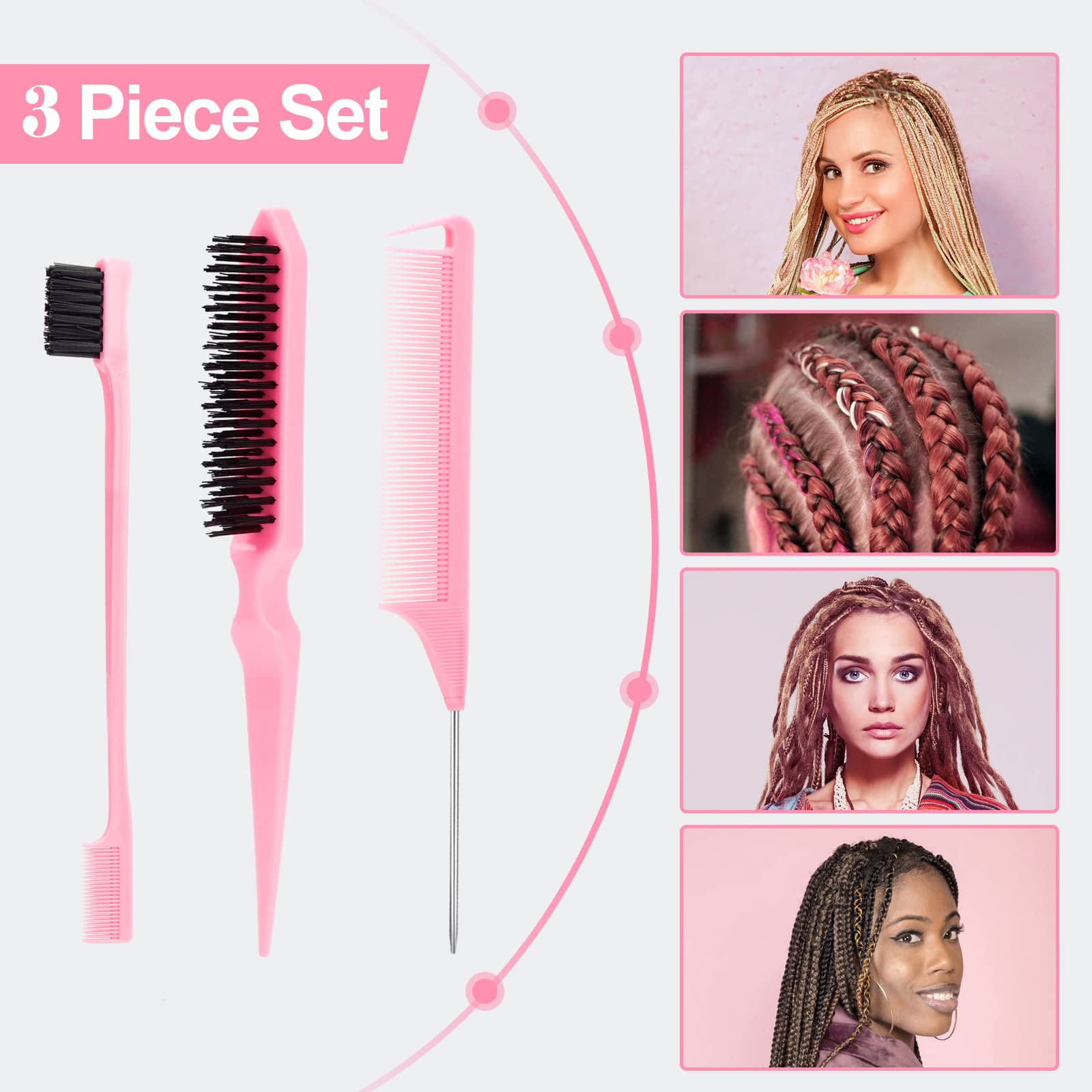3 Pcs Slick Back Hair Brush Set with Rat Tail Comb, Edge Brush & Bristle Brush - Perfect for Sleek Ponytails, Buns, Edge Control & Smoothing Baby Hair - Pink | Professional Styling Tools for Salon & Home Use