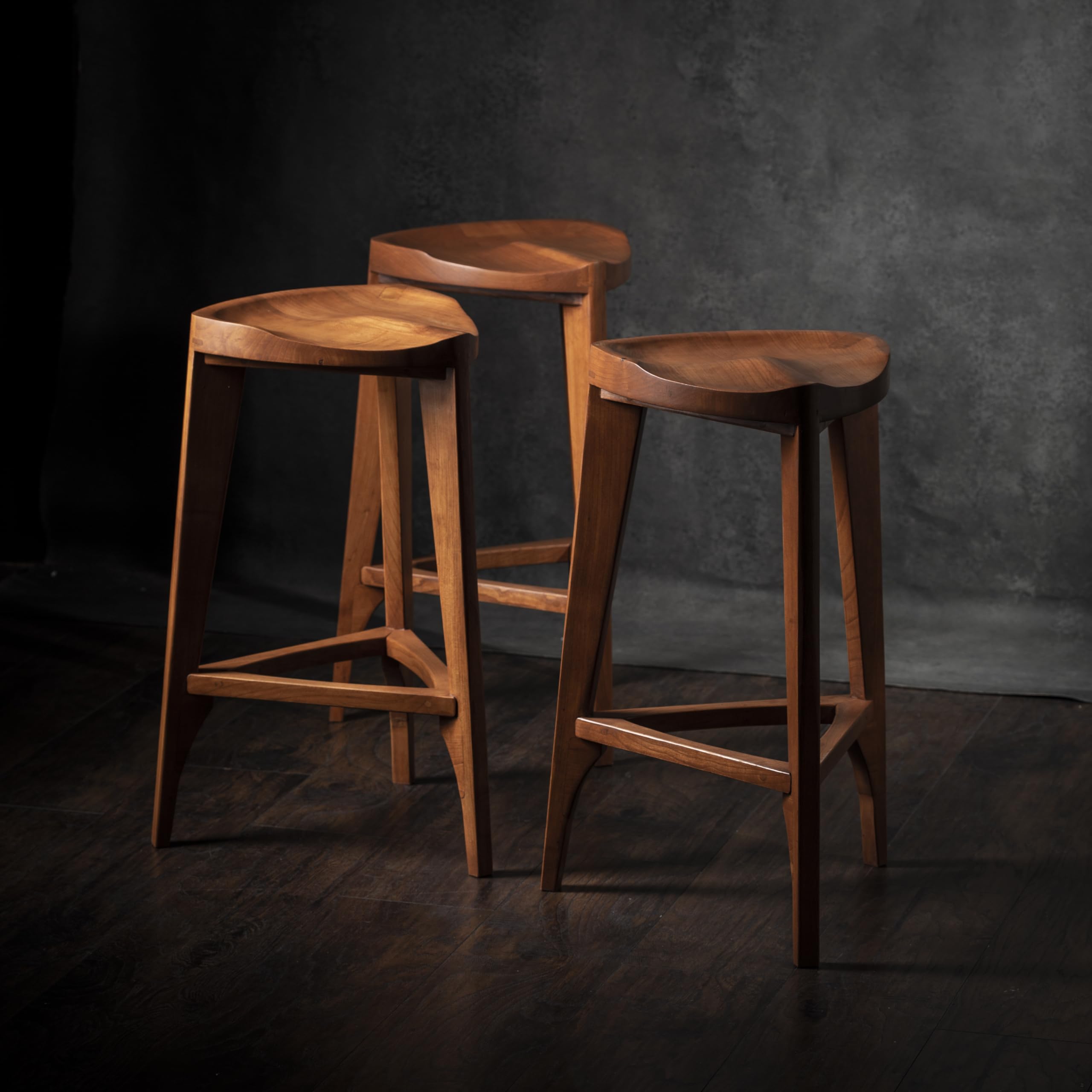 Handcrafted Cherry Wood Bar Stool - 3-Legged Counter Stool with Carved Seat - Adjustable Height 24