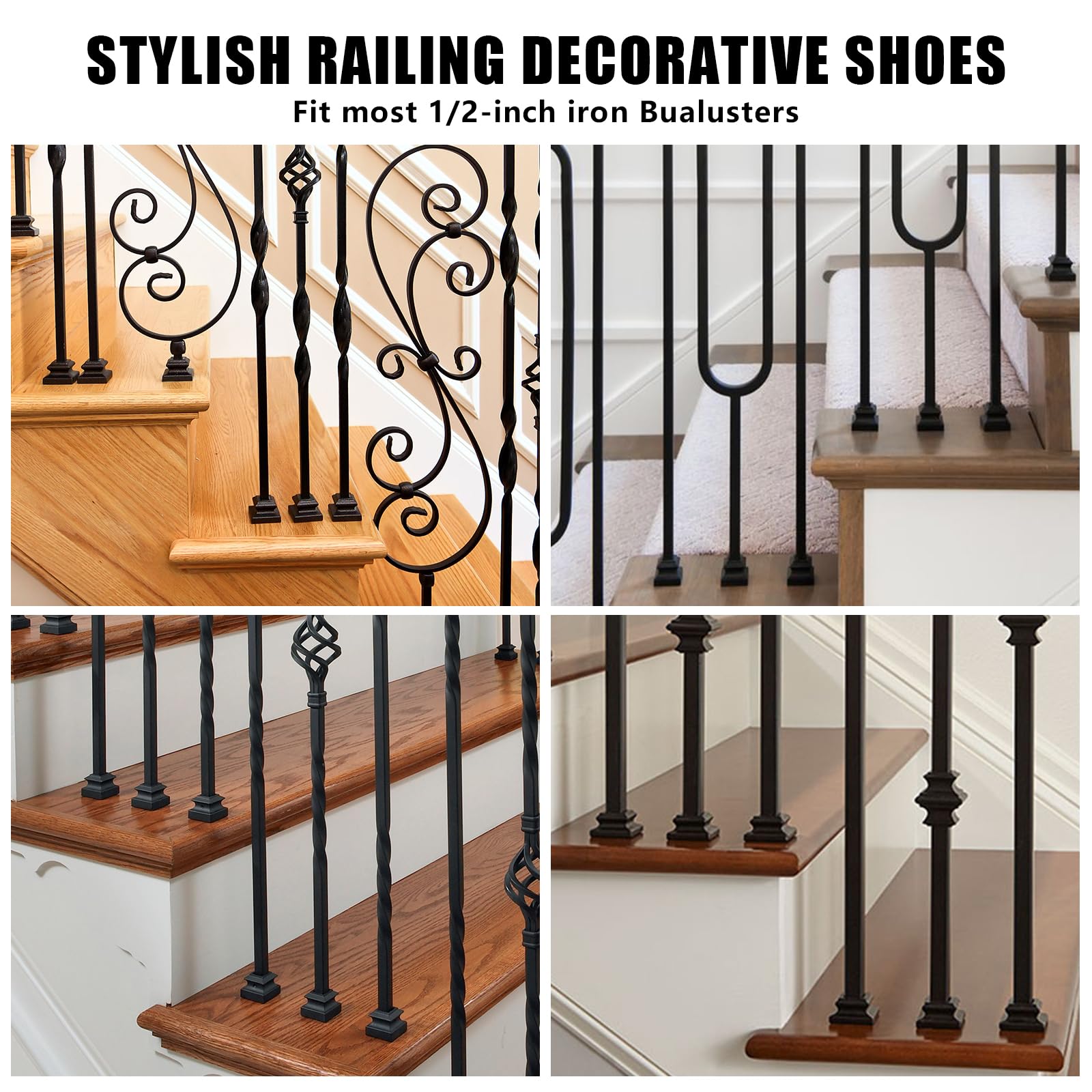 10-Pack Satin Black Wrought Iron Baluster Shoes - 1/2 Inch Square Aluminum Alloy Staircase Leveling Shims for Interior Railings | Perfect for Home Stair Renovation & DIY Handrail Installation