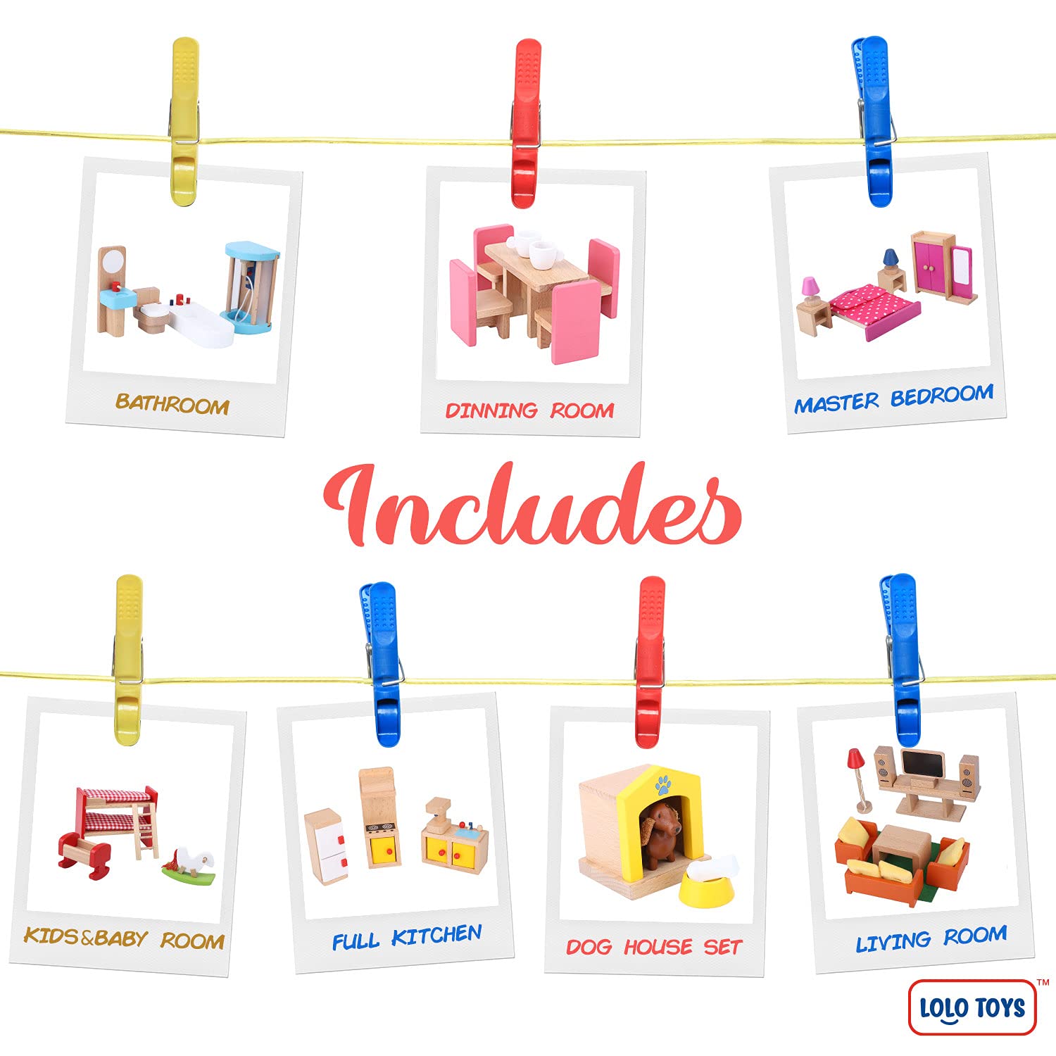 Premium Wooden Dollhouse Furniture Set – 49PCS, 7 Rooms – Miniature Doll House Furniture & Accessories for Kids – Perfect for Pretend Play, Birthday Gifts & Room Decor