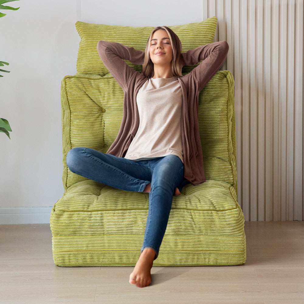 MAXYOYO Tufted Bean Bag Sofa Bed - Foldable Floor Couch with Pillows in Green | Comfortable Lounge Chair for Living Room, Bedroom & Game Room
