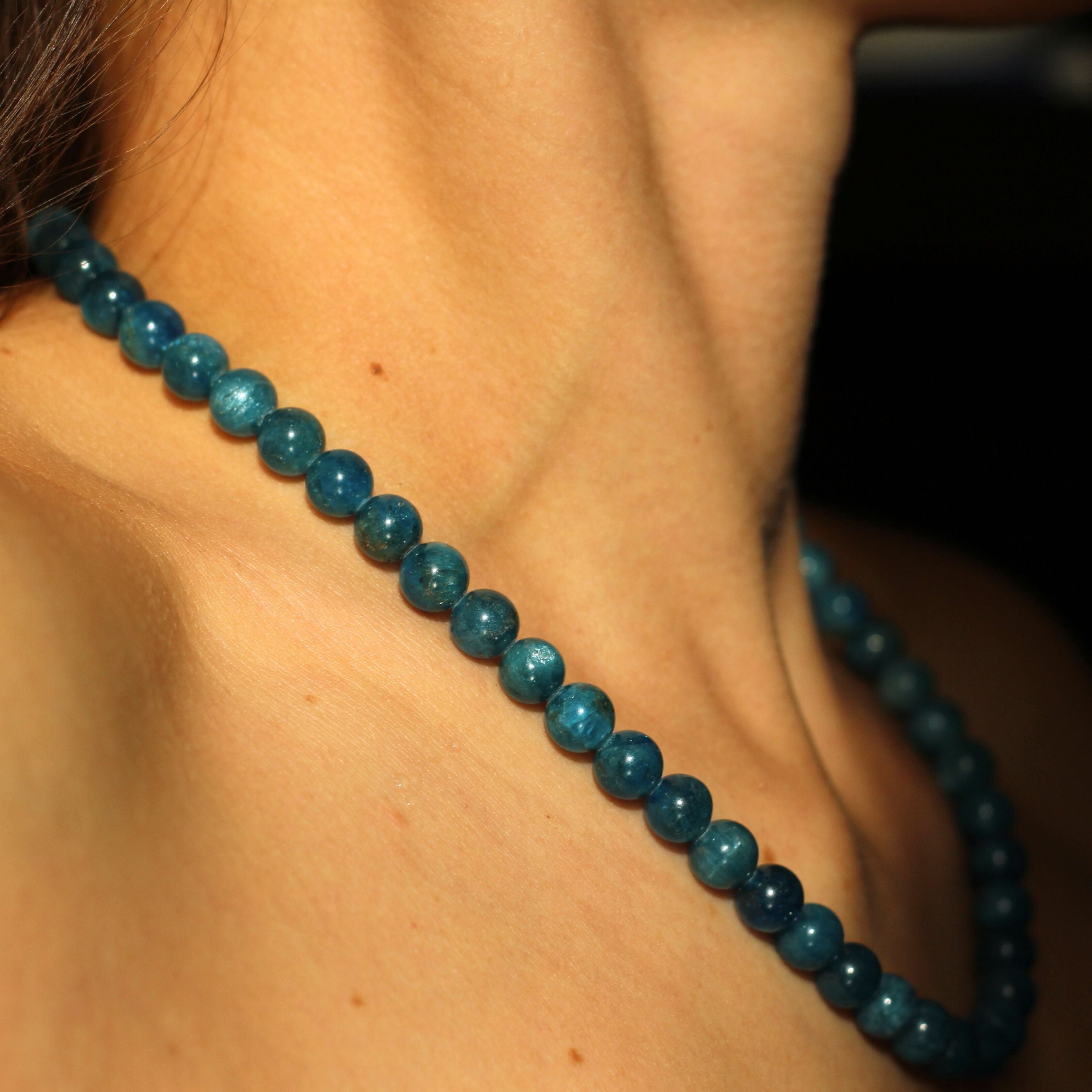 Blue Apatite Beaded Necklace for Women - Natural Gemstone Healing Jewelry for Chakra Balancing & Spiritual Energy - Perfect for Meditation, Yoga & Boho Fashion