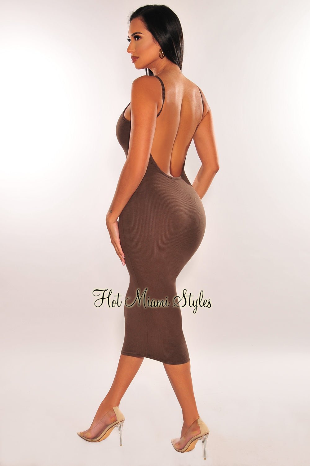 Chocolate Ribbed Knit Spaghetti Strap Scoop Back Midi Dress for Women | Casual Summer Dress for Beach, Party & Date Night