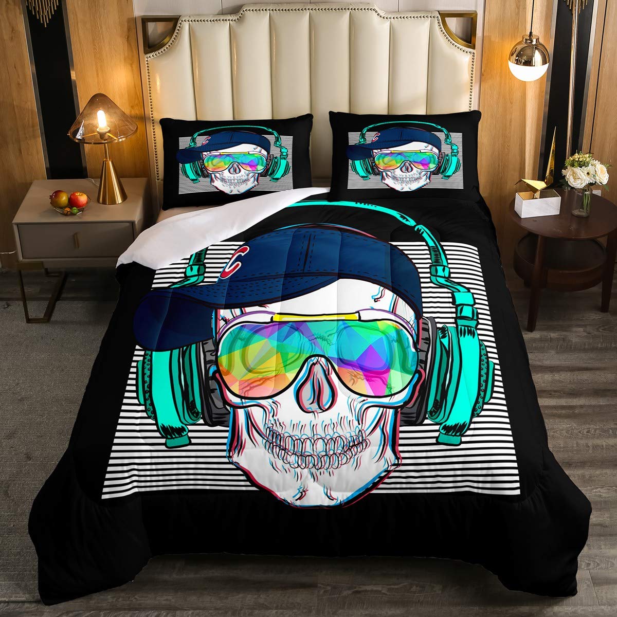 Feelyou Skull & Headphones Bedding Set for Boys - Skeleton Youth Comforter with Hat, Geometric Stripes Duvet Cover - Twin Size 2-Piece Set for Kids & Teens Bedroom Decor | Perfect for Gaming Rooms, Dorm Rooms & Themed Bedrooms