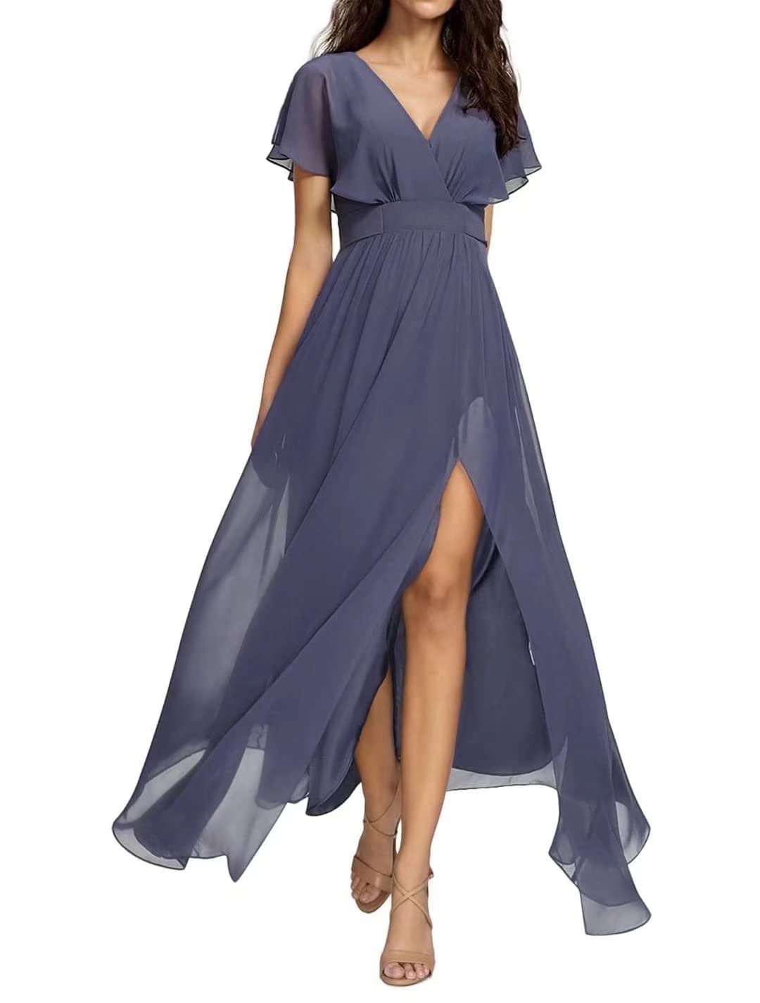 Yadressy Women's Chiffon Maxi Dress with Slit & Ruffle Sleeves - A-Line Formal Evening Gown for Bridesmaids, Parties & Special Occasions | Elegant Long Dress for Weddings, Galas & Prom