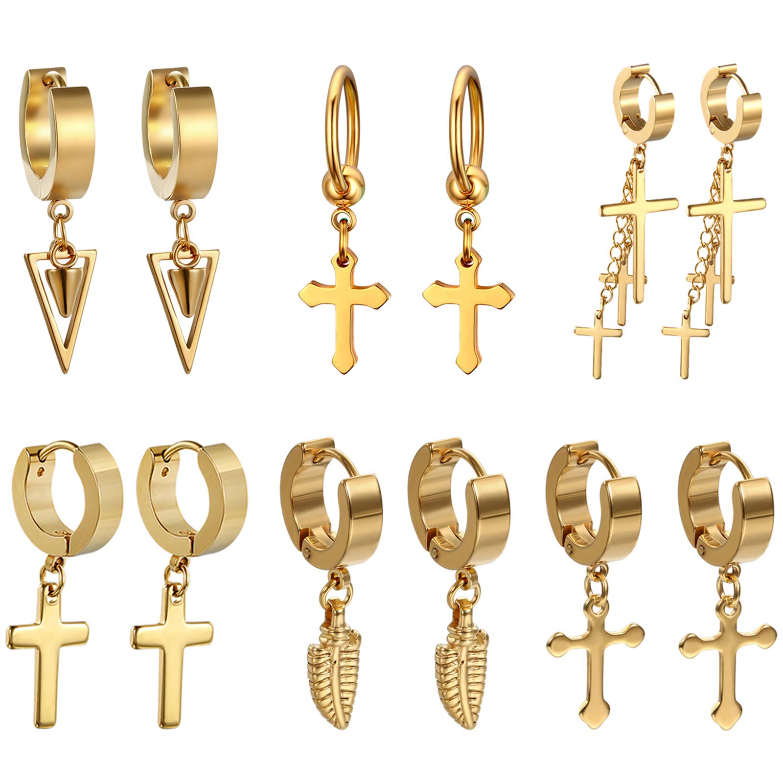 Golden George 3-6 Pairs Cross Dangle Hinged Hoop Earrings for Men & Women - Gold Stainless Steel Punk Hip Hop Earrings - Hypoallergenic Body Jewelry - Perfect for Gothic, Rock, and Streetwear Fashion