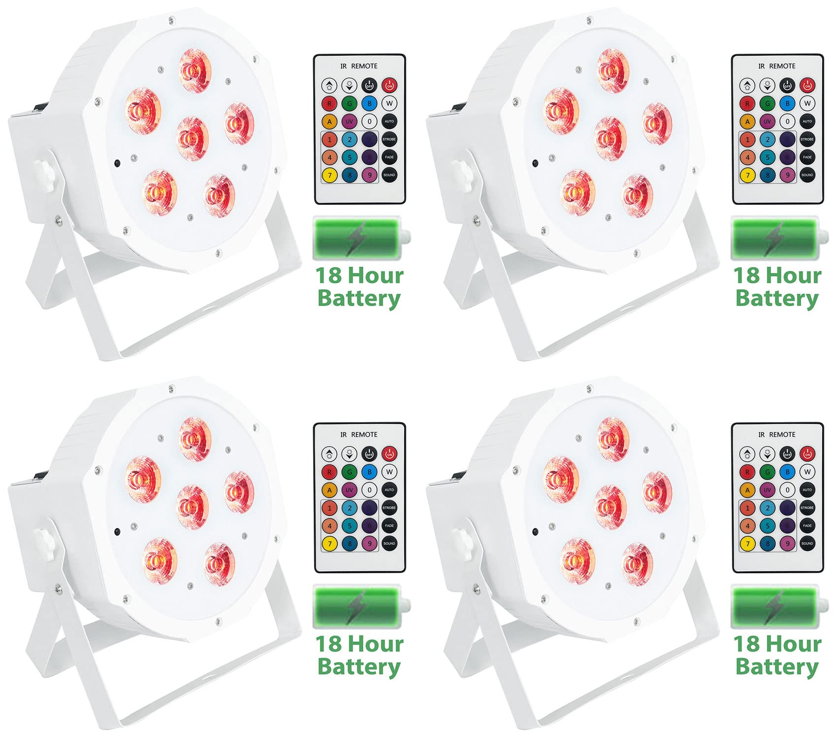 Rockville 4-Pack Rechargeable RGBWA+ DMX DJ Uplights with Remote - White PAR 61 Battery Powered LED Lights for Stage, Wedding, and Event Lighting