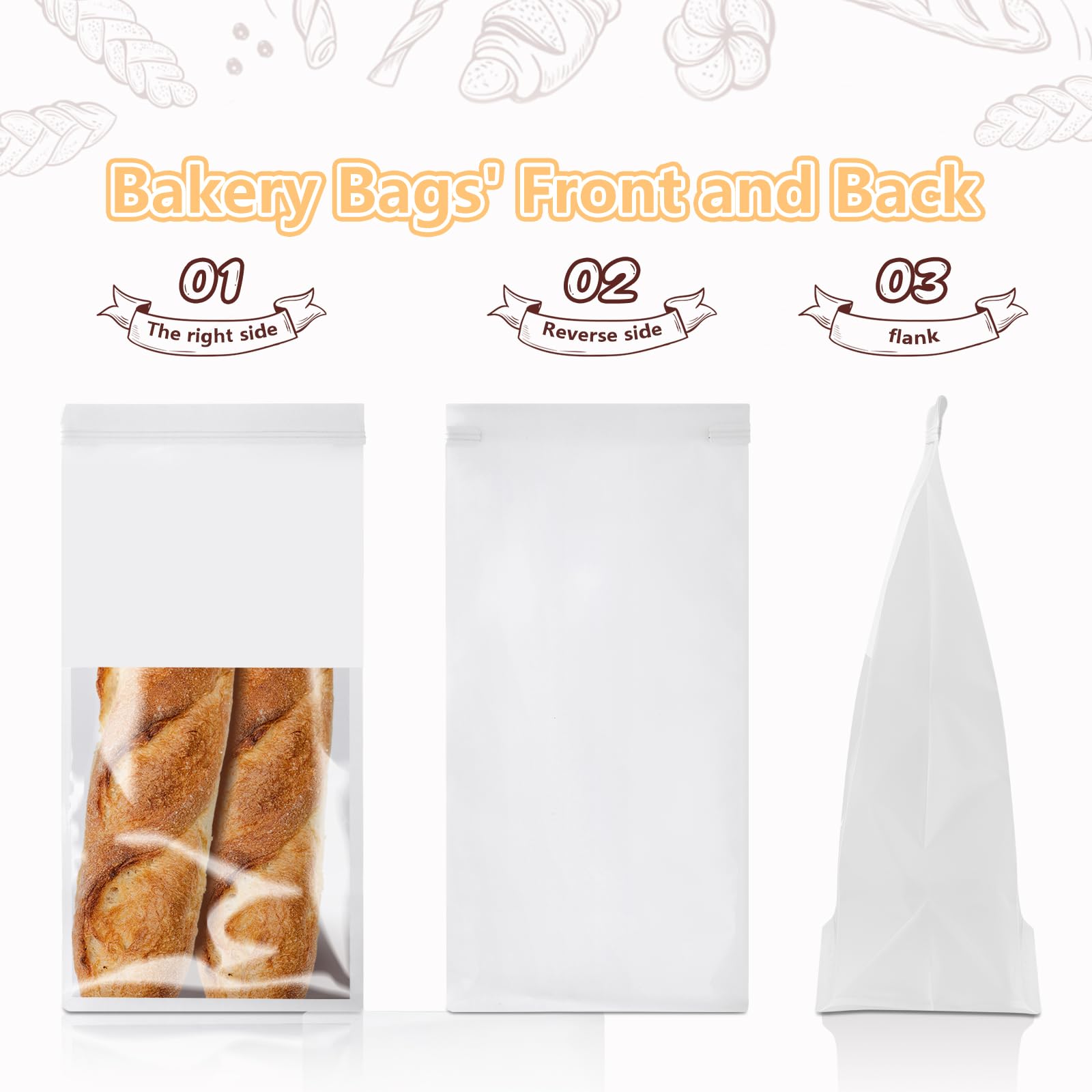 50 Pack White Bakery Bags with Window - 11x5.1x3.9 Inches Bread Loaf Bags with Tin Tie Closure | Food Storage Bags for Fresh Bread, Pastries & Baked Goods | Perfect for Bakeries, Cafes & Home Baking