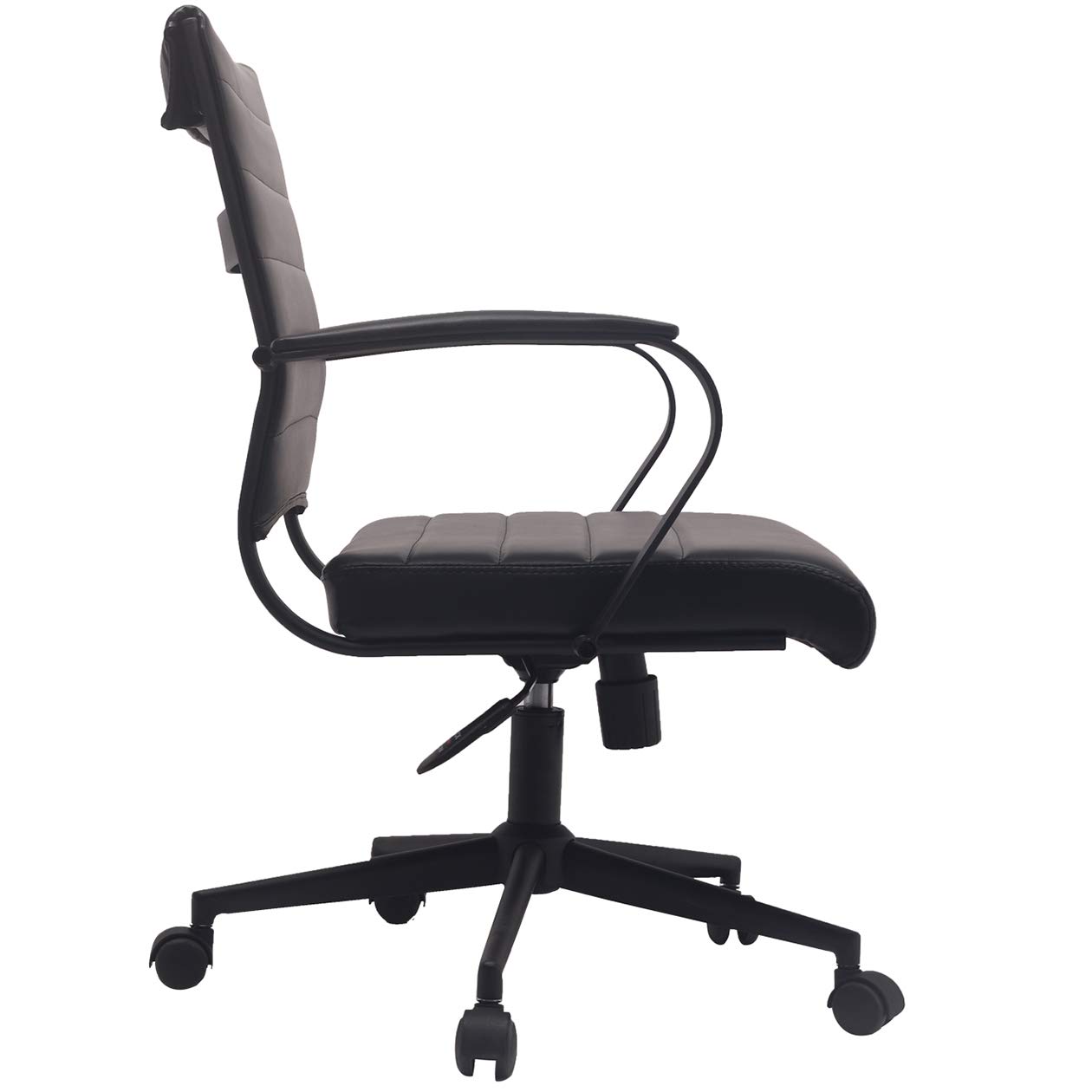 2xhome - Modern Black PU Leather Mid Back Swivel Tilt Adjustable Office Chair - Executive Manager Desk Chair with Ribbed Design for Conference Room, Home Office & Computer Work (All Black) - Ergonomic Support for Long Work Hours