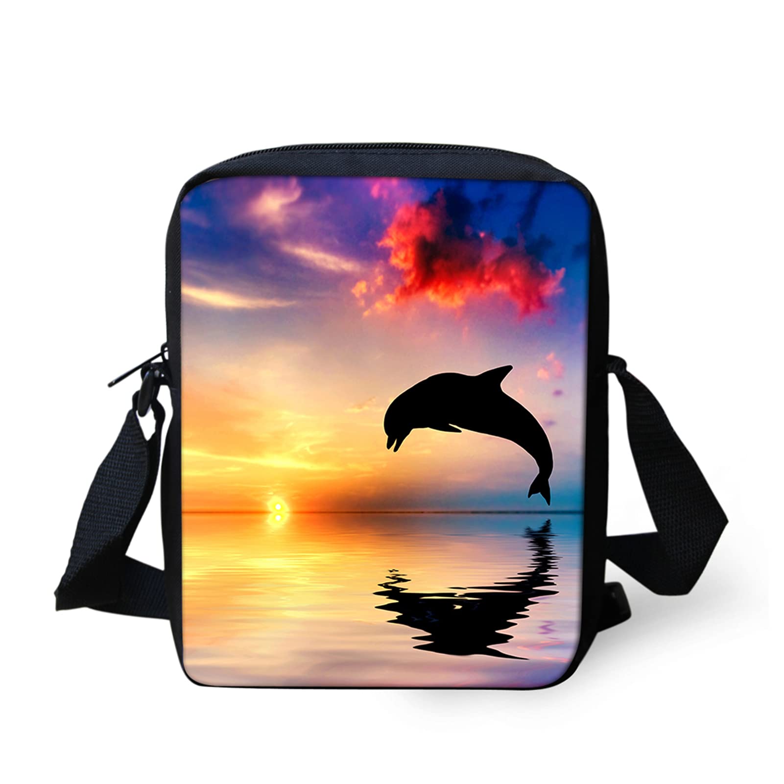 JOAIFO Women's Crossbody Shoulder Bag - Watercolor Sunset Print with Jumping Dolphin Design, Fashion Messenger Purse for School, Work, Travel & Daily Use - Perfect Gift for Teens and Girls