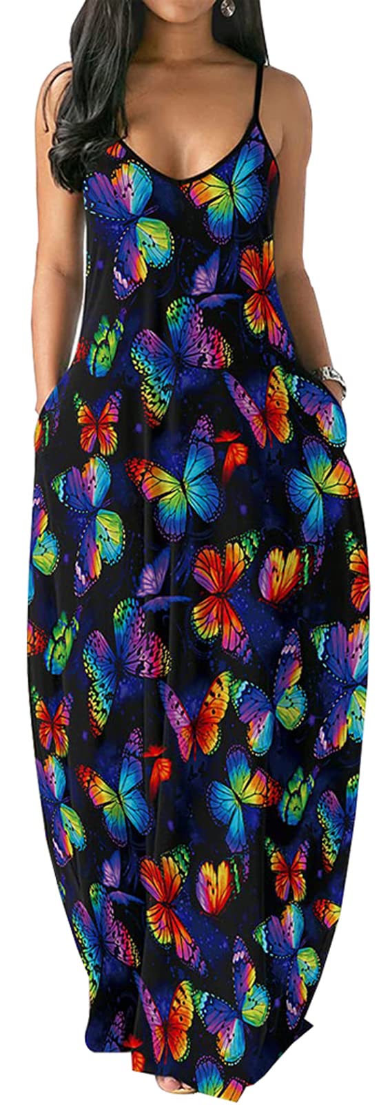 Plus Size Women's Summer Sundress - Loose Flowy Yellow Butterfly Print African Dress with Adjustable Straps & Pockets | Beach Vacation, Casual Outing, Church Wear