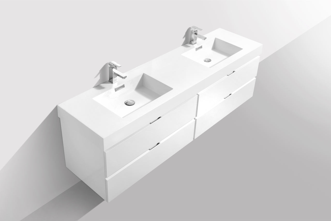 BSL72 High Gloss White Wall Mount Double Sink Bathroom Vanity - Modern Space-Saving Design for Small Bathrooms & Powder Rooms