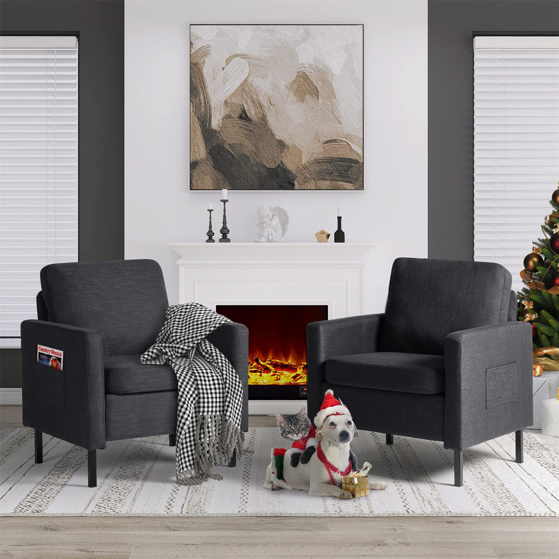 STHOUYN 2-Piece Fabric Accent Chair Set - Small Space Living Room, Bedroom & Office Armchair - Comfy Reading Chair for Adults - Dark Grey (Set of 2) - Perfect for Apartments, Dorms & Cozy Corners