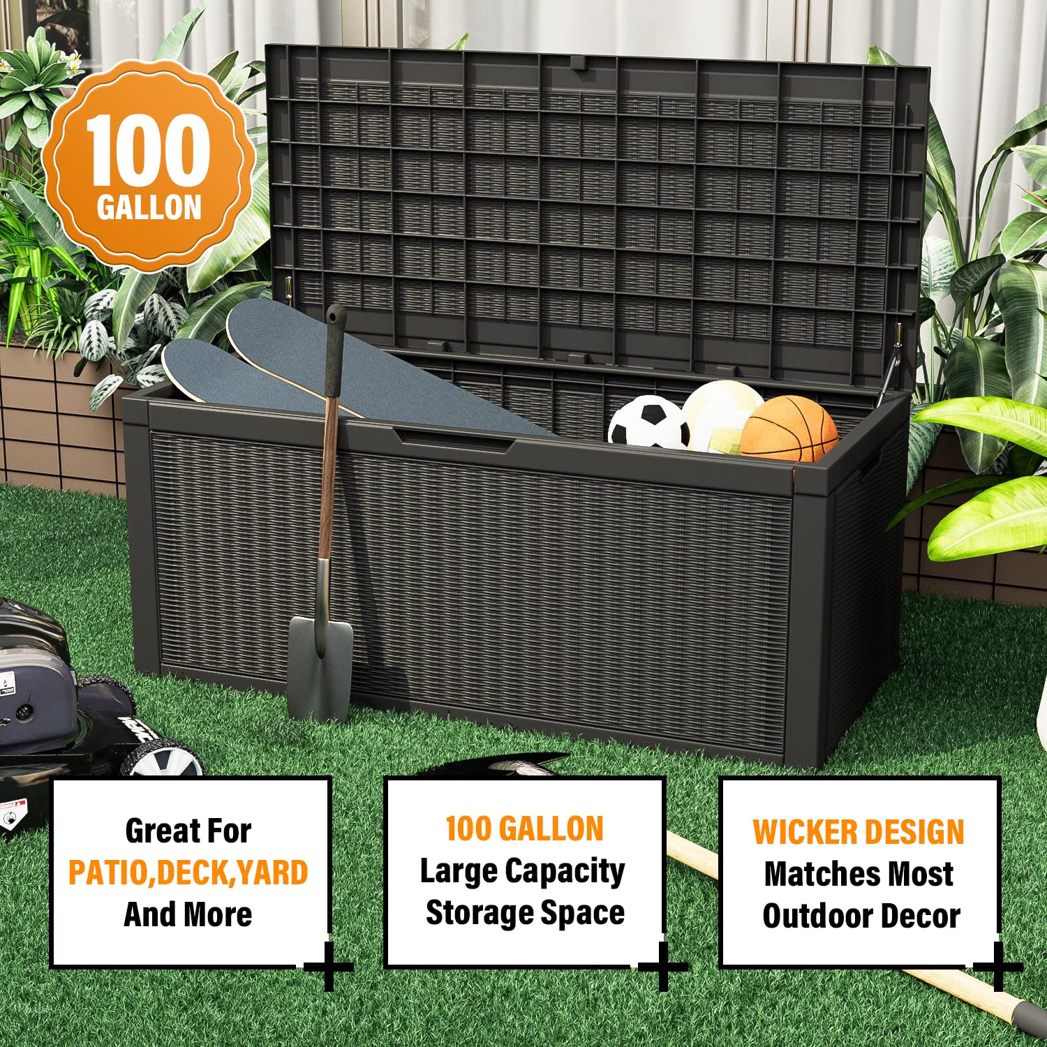 PayLessHere 100 Gallon Waterproof Deck Storage Box - Outdoor Garden, Pool & Patio Furniture with Lockable Lid - Perfect for Storing Cushions, Pool Toys & Gardening Tools