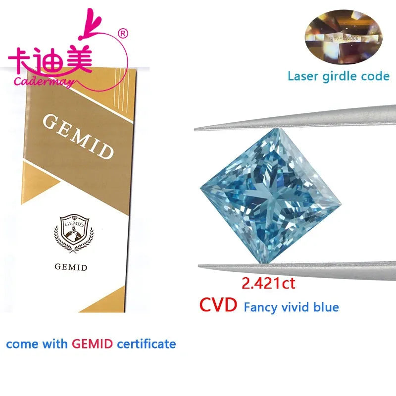 2.421CT CADERMAY Square Cut Vivid Blue VS1 Clarity CVD Lab Grown Loose Diamond - Premium Gemstone for Engagement Rings, Earrings & Jewelry Making