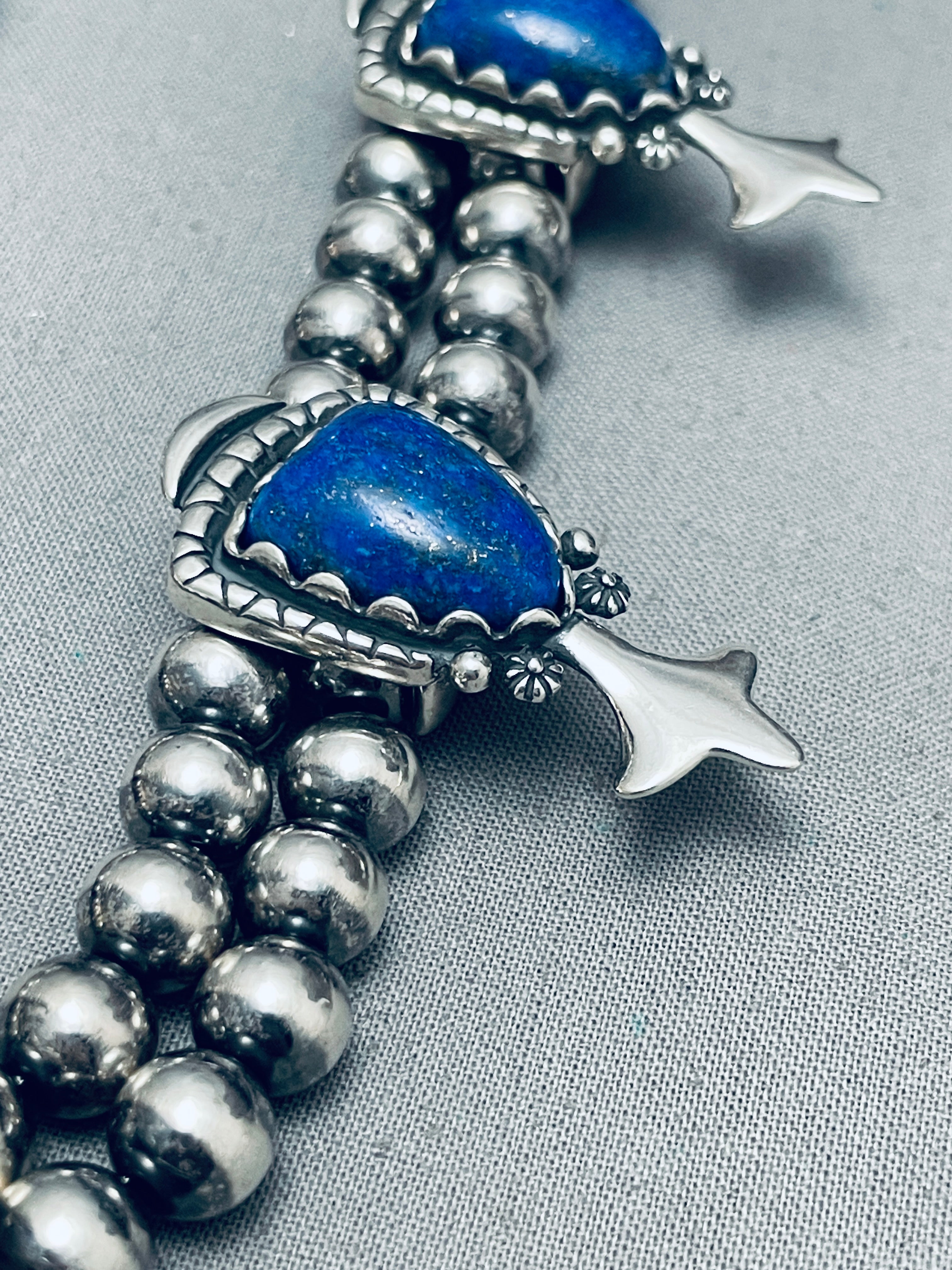 130 Grams Vintage Southwest Lapis Sterling Silver Squash Blossom Necklace - Handmade Native American Jewelry for Women, Boho Chic Accessory - Perfect for Festivals, Weddings & Special Occasions
