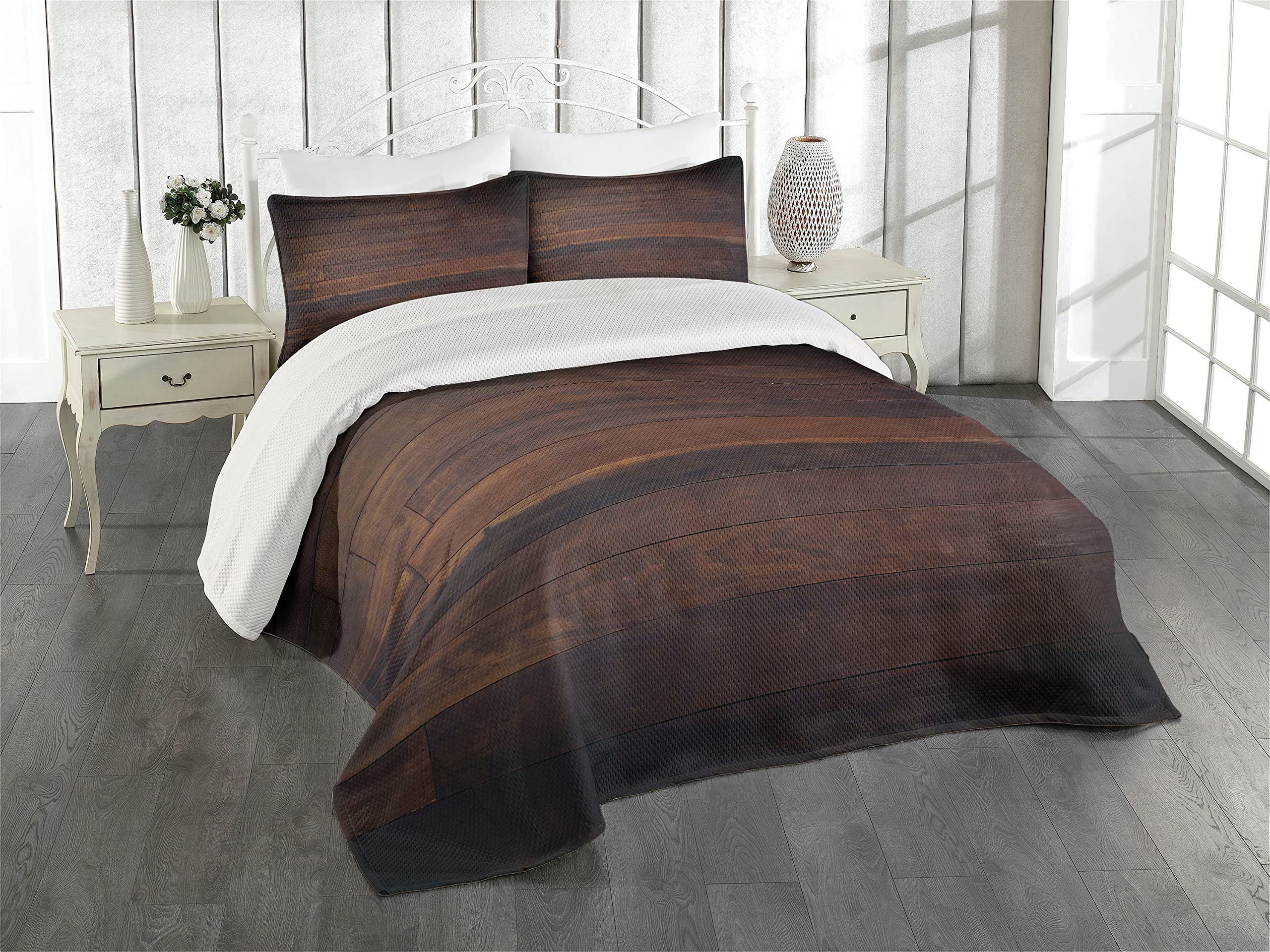 Ambesonne Chocolate Brown Quilted Bedspread Set - King Size 3-Piece Country Style Bedding with Oak Wood Plank Design & 2 Pillow Shams - Perfect for Rustic Cabin, Farmhouse or Lodge Bedroom Decor
