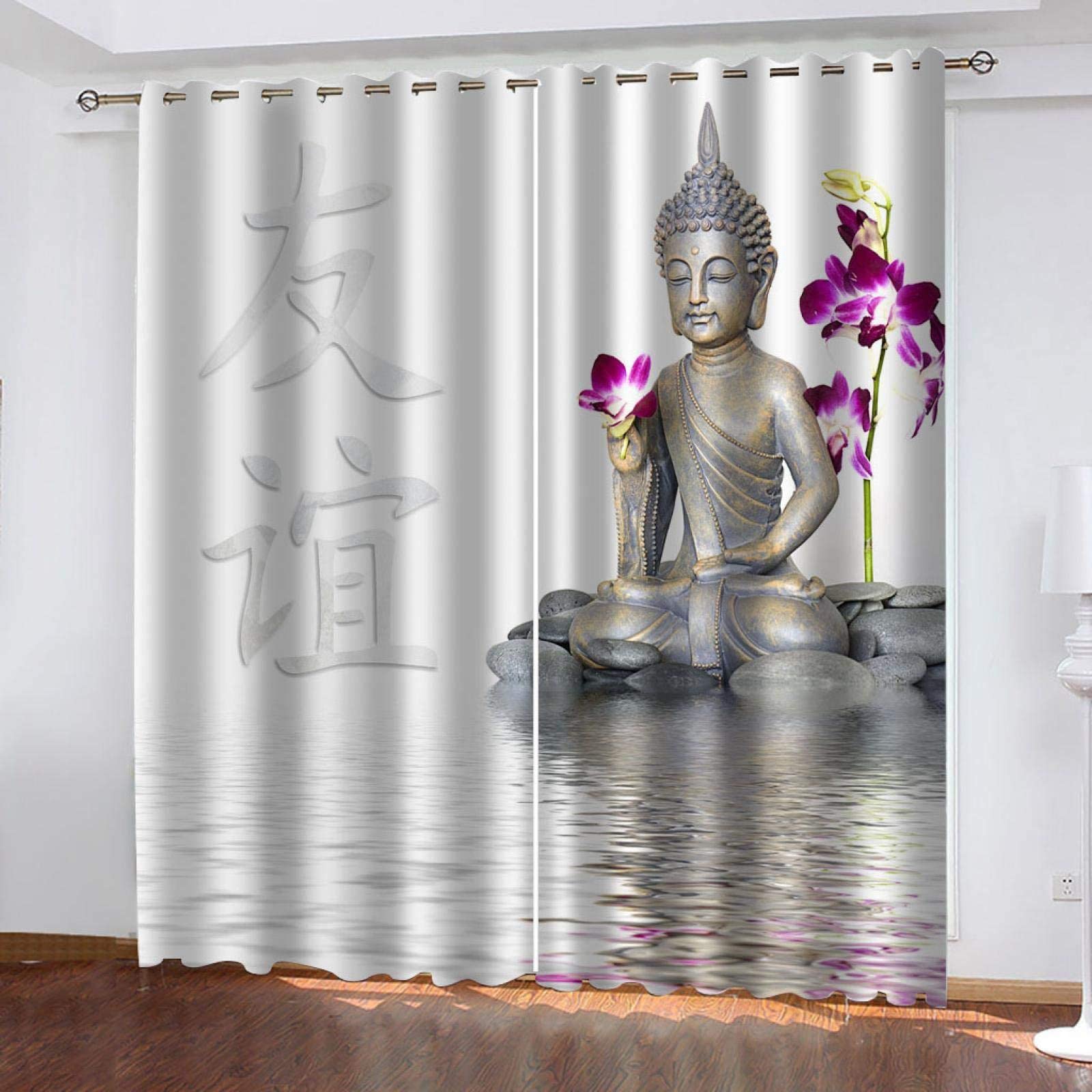 3D Printed Buddha Blackout Window Curtains - Thermal Insulated Grommet Panels (108