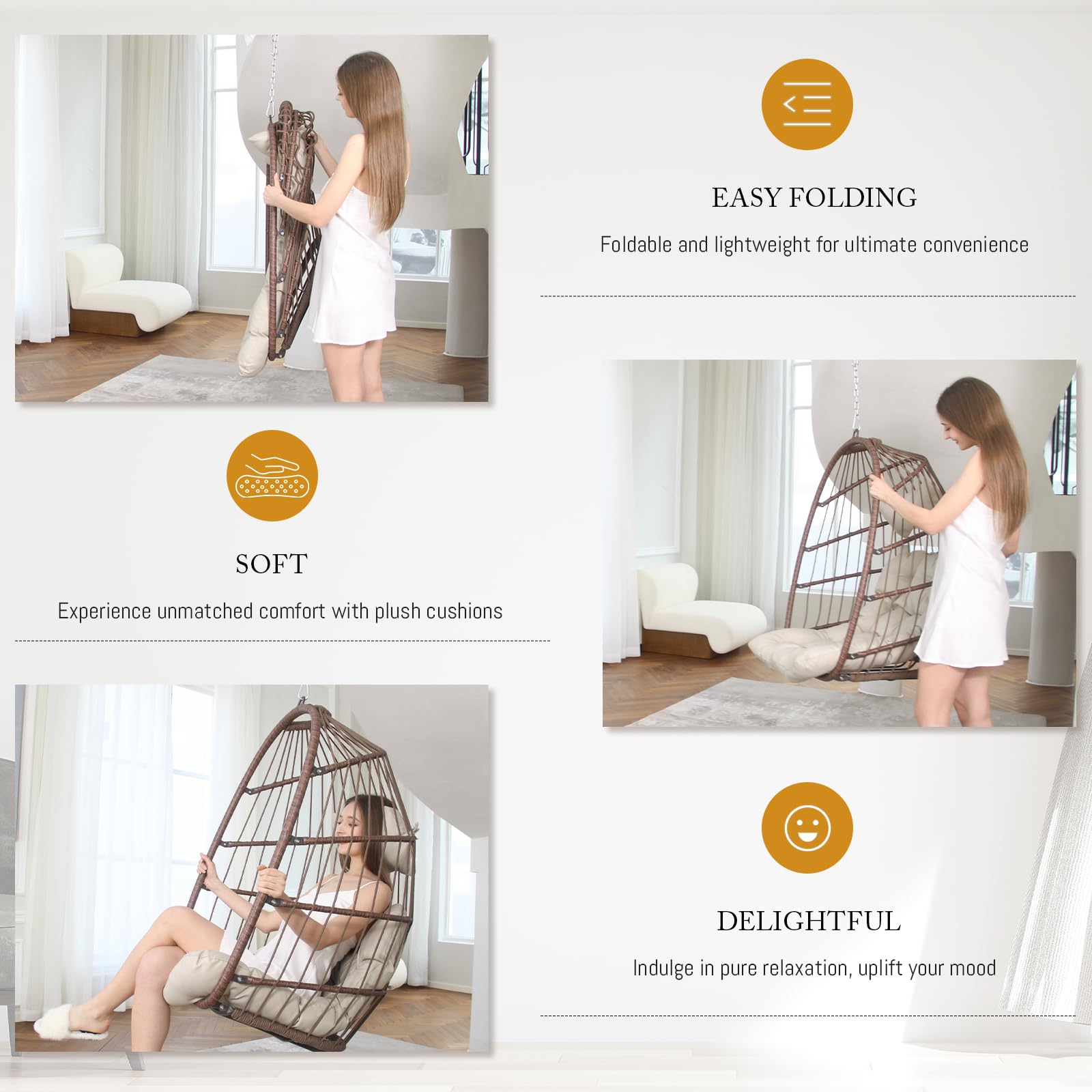 BULEXYARD 300lbs Capacity Foldable Hanging Egg Swing Chair - Brown Wicker Hammock with Beige Cushion for Indoor/Outdoor Use, Patio, Porch, Balcony, Tree, Ceiling or Beam Mount - Perfect for Relaxing, Reading or Lounging in Your Backyard, Garden or Sunroom