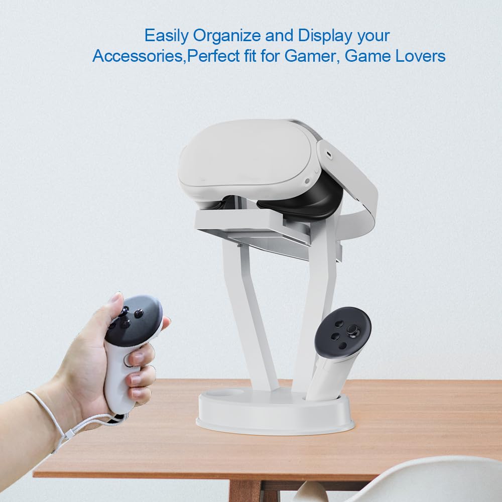 Meta Quest 3 VR Headset & Controller Stand with Glasses Holder - Stable Display Organizer with Unlock Button for Gaming & VR Accessories Storage - Perfect for Home Theater Setup & VR Gaming Station